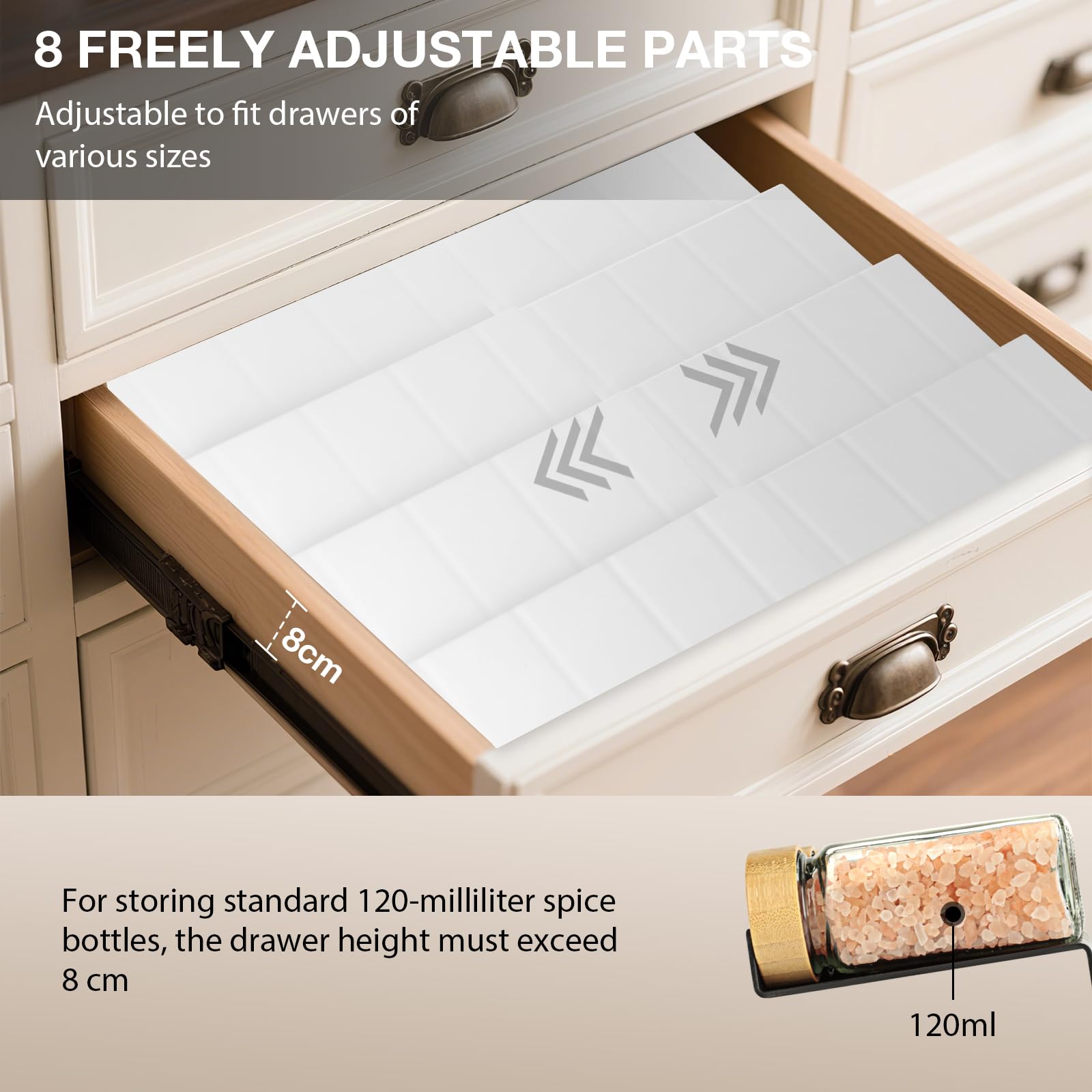 VINATO Organizador de Especias para Cajones Cocina, 8pcs Ajustable, Estante Extraíble para Especieros, Perfumes, Maquillaje, Blanco
