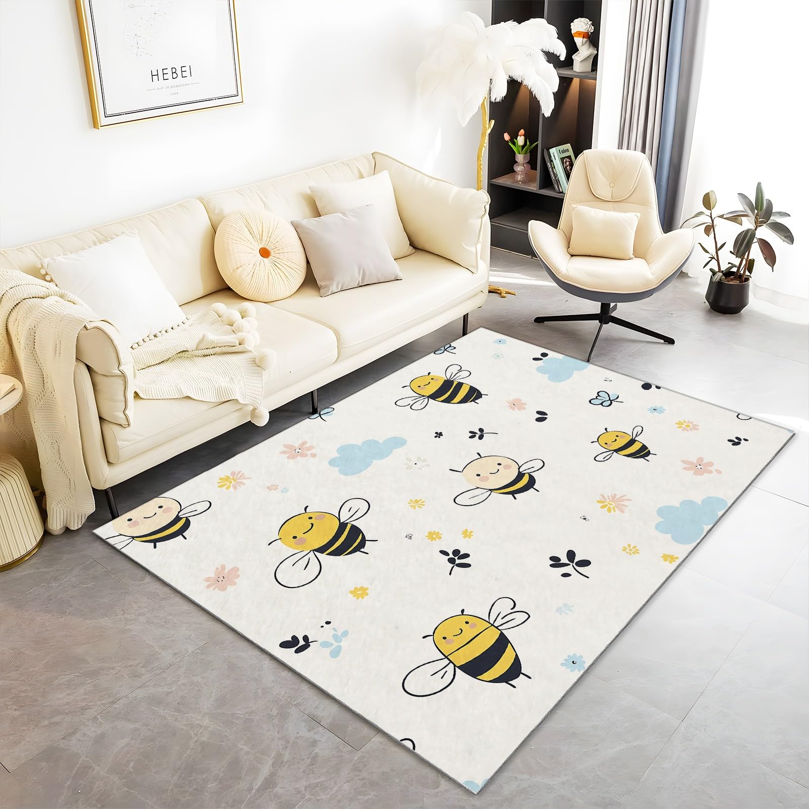 Superweicher Teppich Kinderzimmer 80x150cm Cartoon-Bienenwolke Antirutsch Rechteck Beige Wohnzimmer Schlafzimmer Balkon Bodenmatte