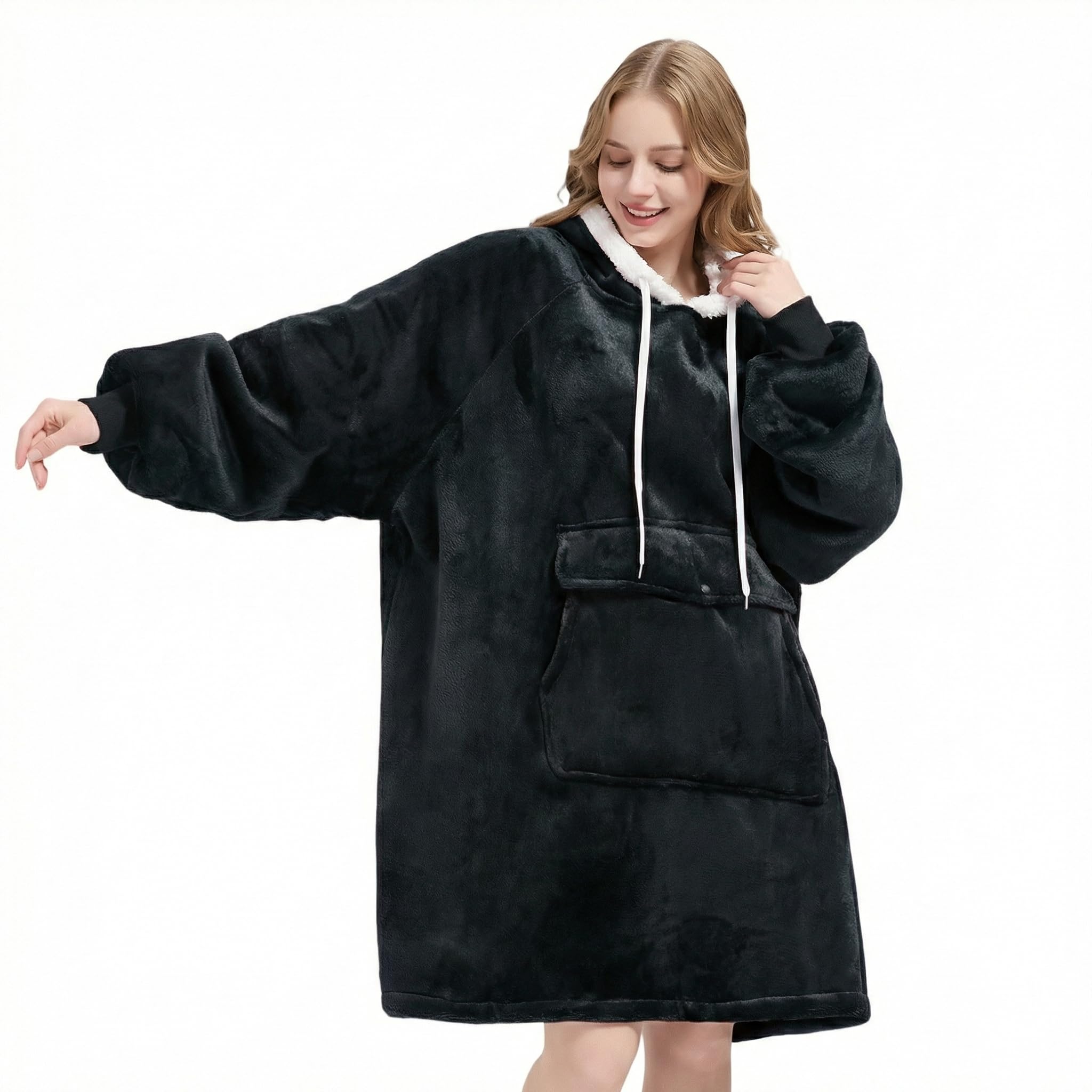 Qeils Oversized Wearable Blanket Hoodie, Comfy Sherpa Sweatshirt Pullover Jacket (Large Pocket, Black, Adult)