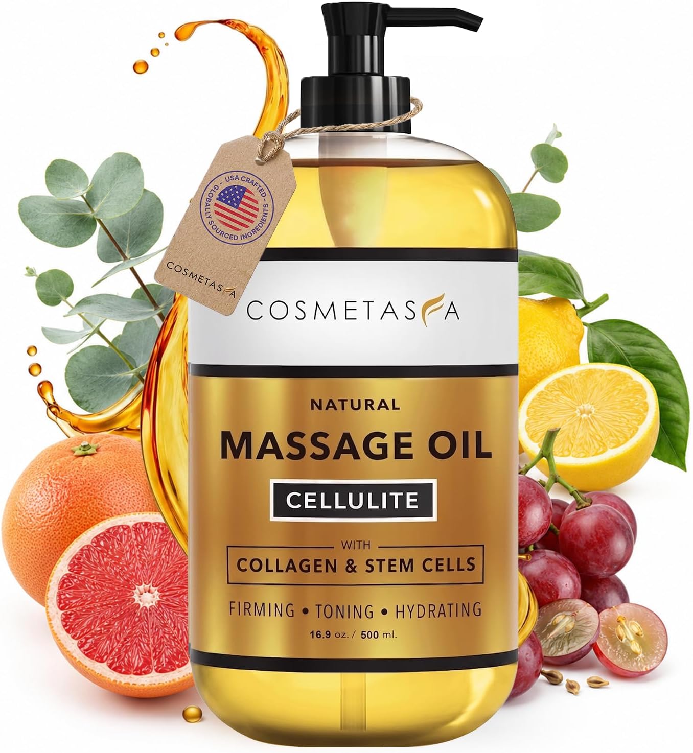 Cosmetasa Large Cellulite Massage Oil with Collagen & Stem Cells- 100% Natural Cellulite Oil, Highly Absorbable, Deeply Penetrates The Skin- Firms, Tones, Tightens & Moisturizes Skin by (16.9 oz)