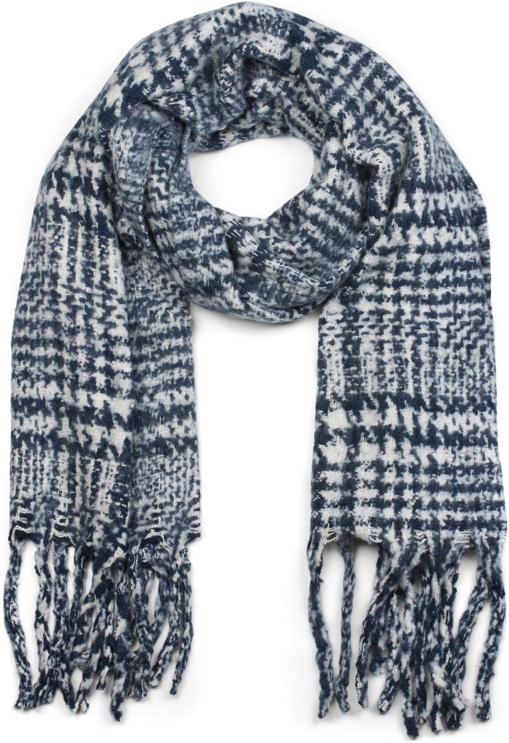 Stylebreaker Women's Dark Blue-White Scarf With Check Print And Long Fringing, Winter Scarf, Stole, Shawl 01017102, Colour: