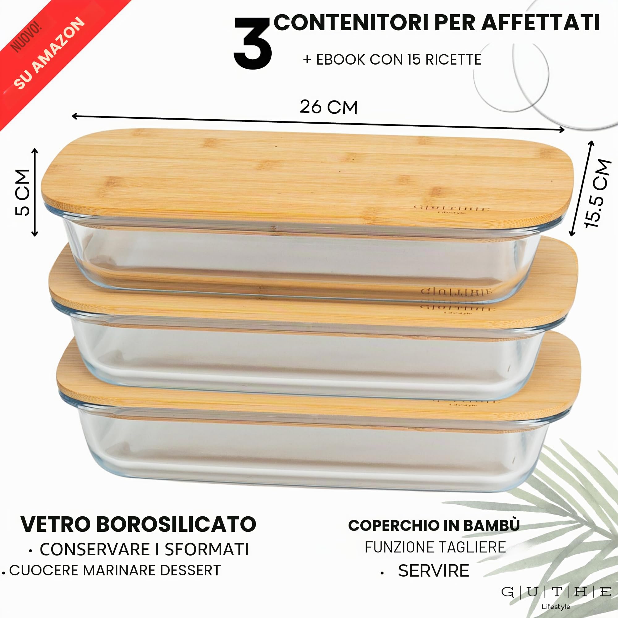 Good Lifestyle - Set di 3 scatole per salumi, per frigorifero, in vetro, con coperchio in legno, impilabili, salsicce e formaggi