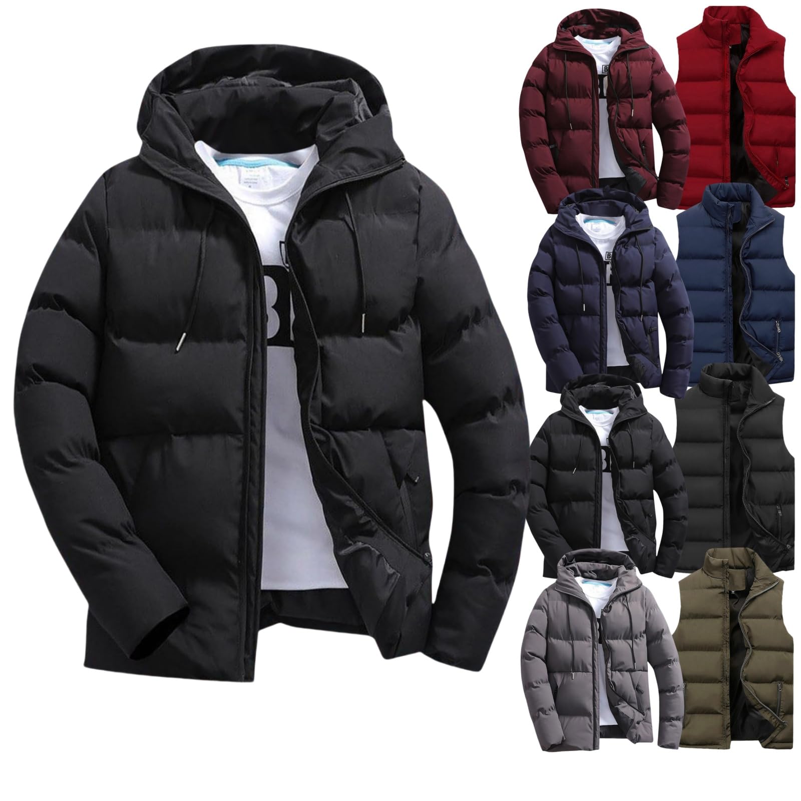 GenericMen's Winter Full Zipper Hooded Down Jacket Solid Color Casual Fashion Thick Jacket Windproof Waterproof Warm Cotton Tops