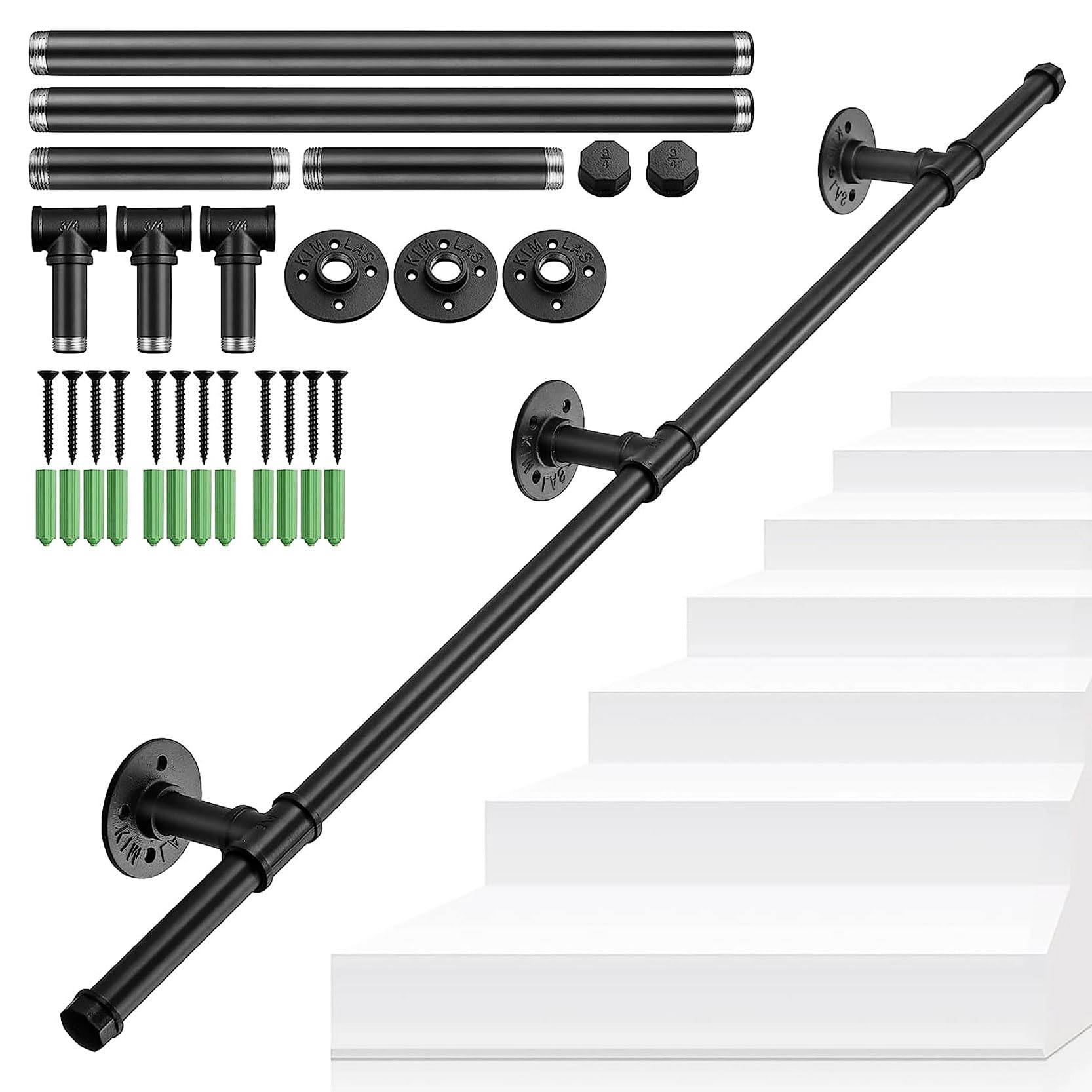 FKXSXAZ Stair Handrail,Wall Mount Black Galvanized Pipe Railing,Industrial Clothes Rail Banister,Metal Railing Non-Slip Grab Bar For Stairs Indoor & Outdoor(Size:140cm/55.1in)