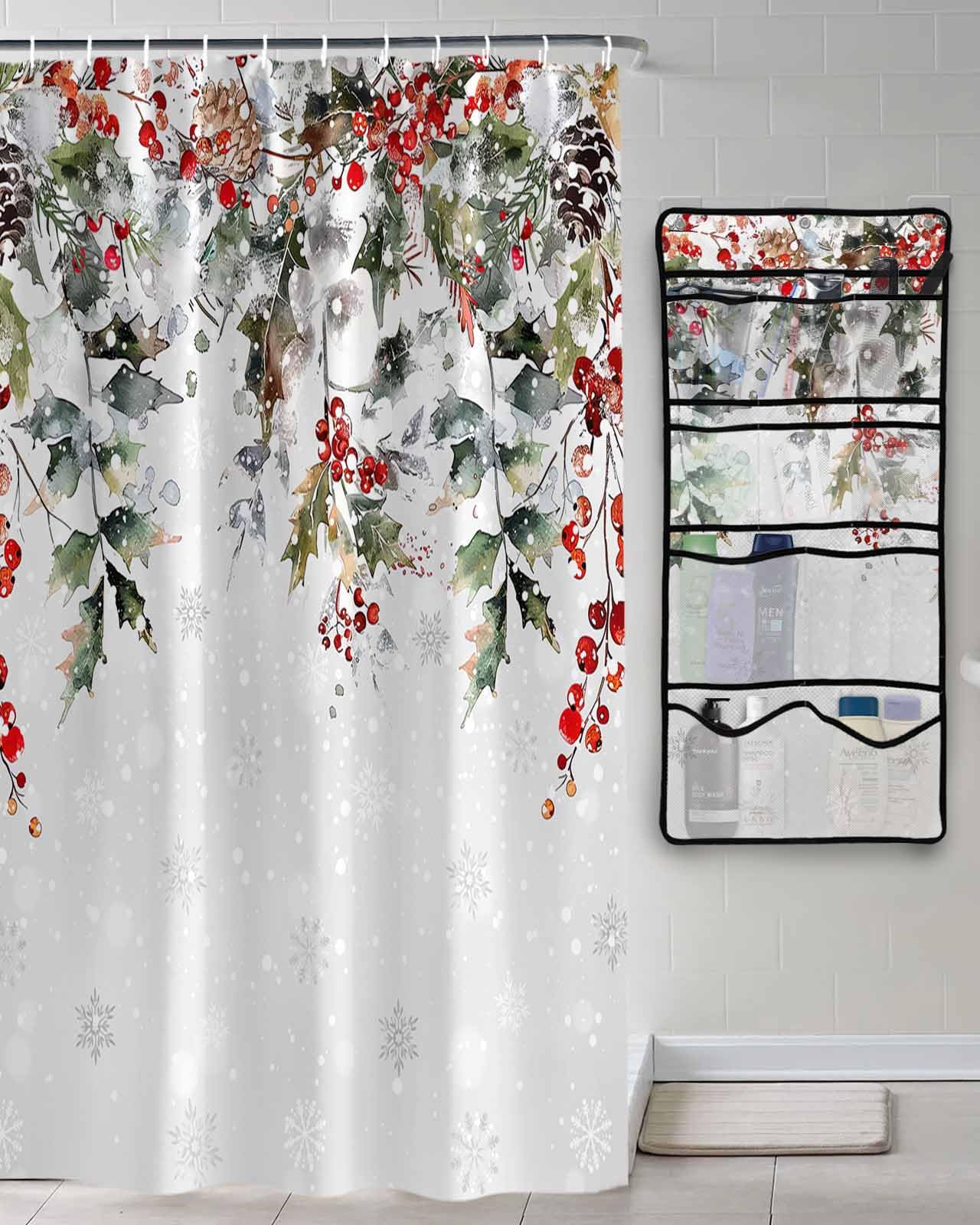 Decorative Shower Curtain Sets Christmas Berry Polyester Fabric Waterproof Shower Curtains Winter Xmas Eucalyptus Leaves Snowflake Mesh Shower