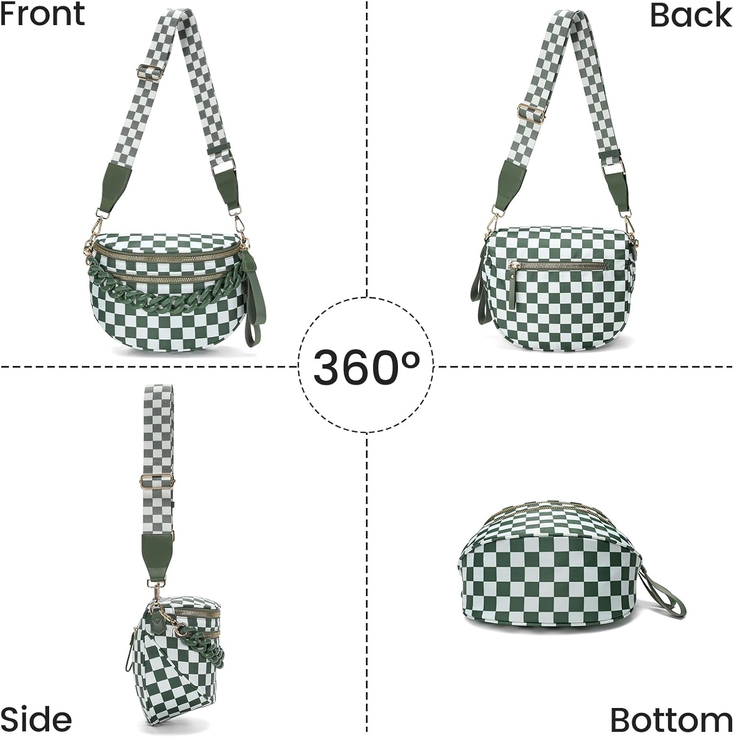 Crossbody Bags for Women Chain Bum Handbag, Checkered Strap Roomy Versatile Mom-Friendly Bag with Multiple Pockets - Image 5