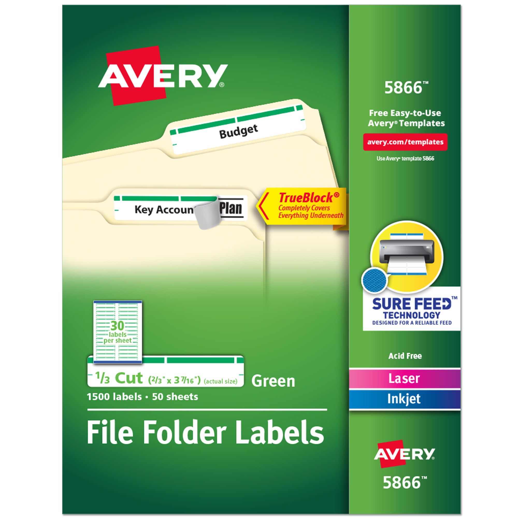 Avery Green 5866 - Etichette per cartella per stampanti laser e a getto d'inchiostro, con tecnologia TrueBlock, 2/3" x 9,6", 5 confezioni