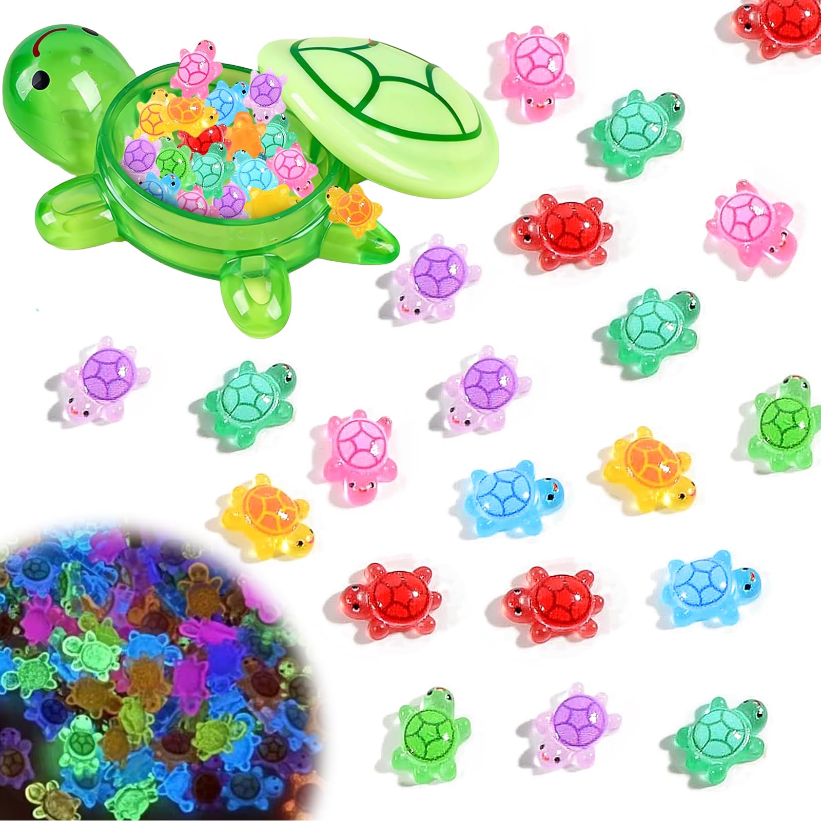 shirylzee Cute Glow-in-the-Dark Turtle Storage Box with 30pcs Mini Resin Turtle