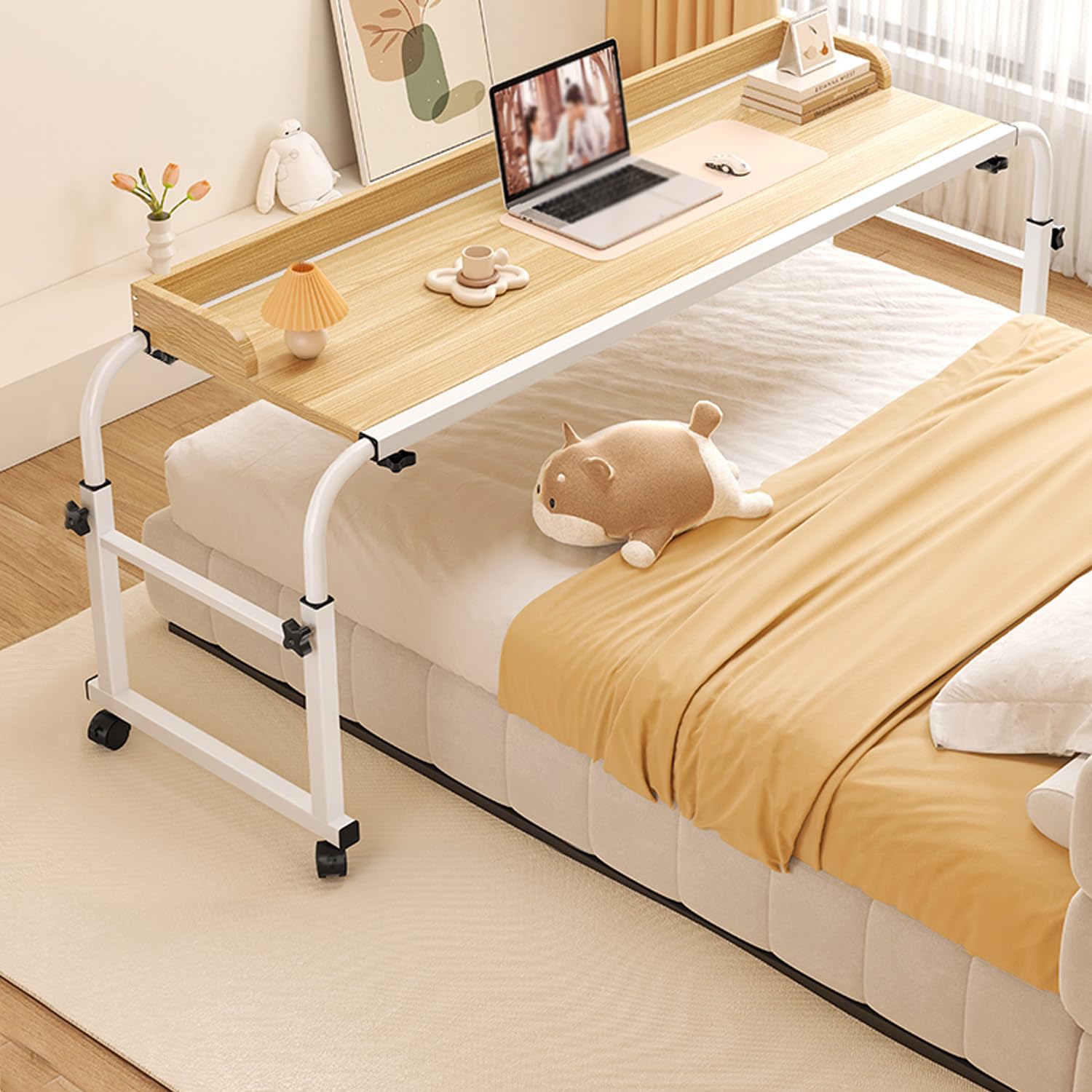 Mesas de Cama con Ruedas, Altura Ajustable para Silla de Ruedas, Bandeja para portátil, Escritorio Grande con Ruedas (Color: Madera+)