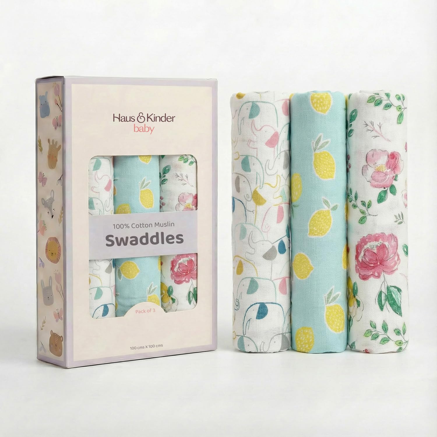 haus & kinder 100% Cotton Muslin Swaddle Wrap for New Born Baby | Pack of 3 (100×100 cm) | Baby Blanket & Swaddles for Newborn | Little Sunshine Collection