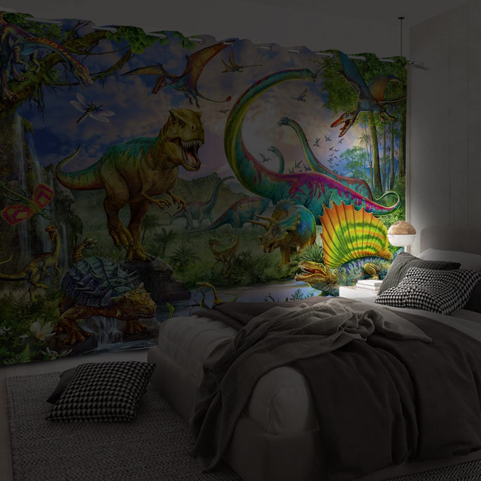 117x183cm Dinosaure Rideau de Fenêtre - Ancien Sauvage Animal Herbe Forêt - Faune Naturel Paysage Opaque pour Enfants Salon Chambre, 2 Panneaux