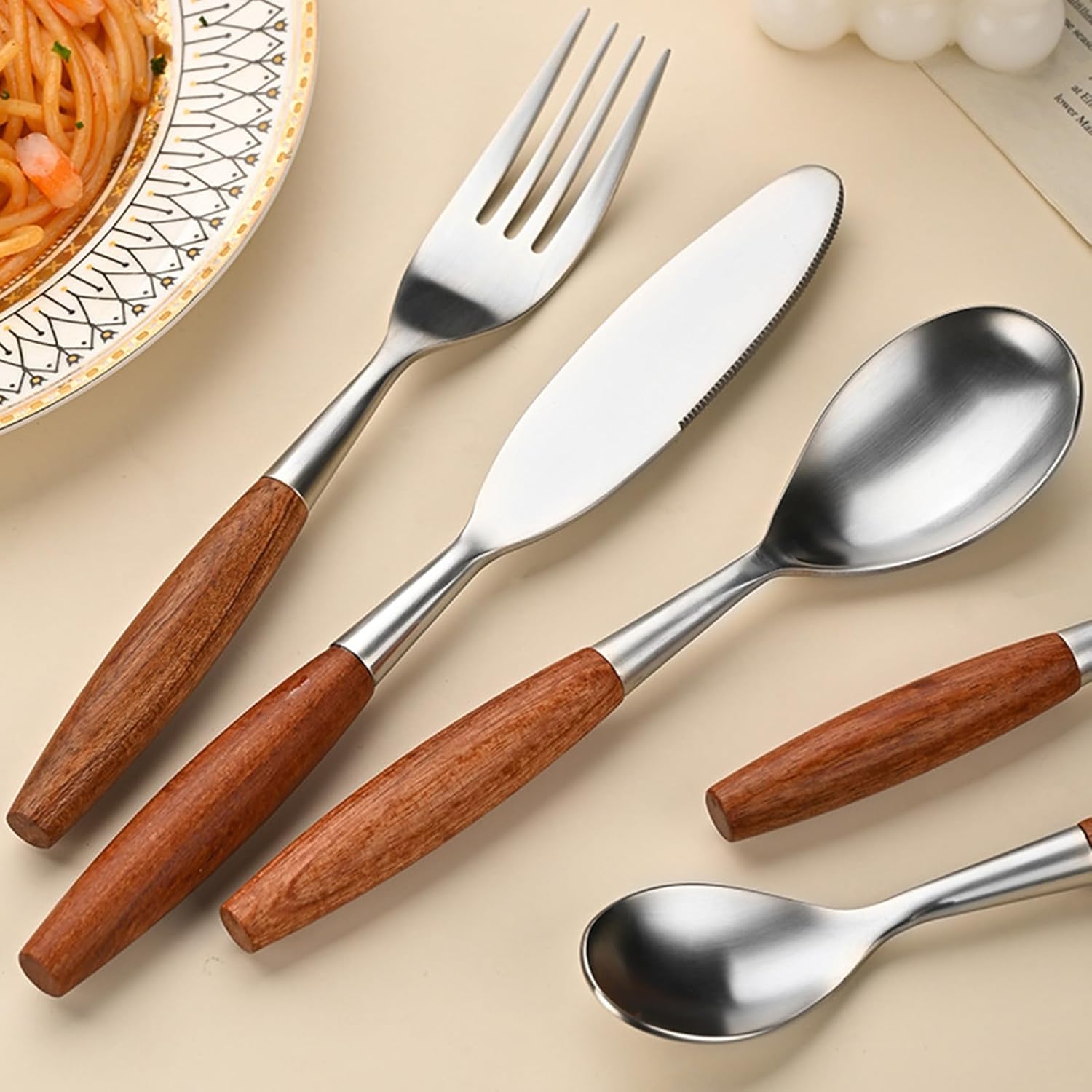 Wood Handle Silverware Sets for 4(20 Piece) Cutlery Set Utensils Sets Flatware Unique Modern 18 8 Stainless Steel Dinnerware Tableware Include Knives/Forks/Spoons Dishwasher Safe Polished