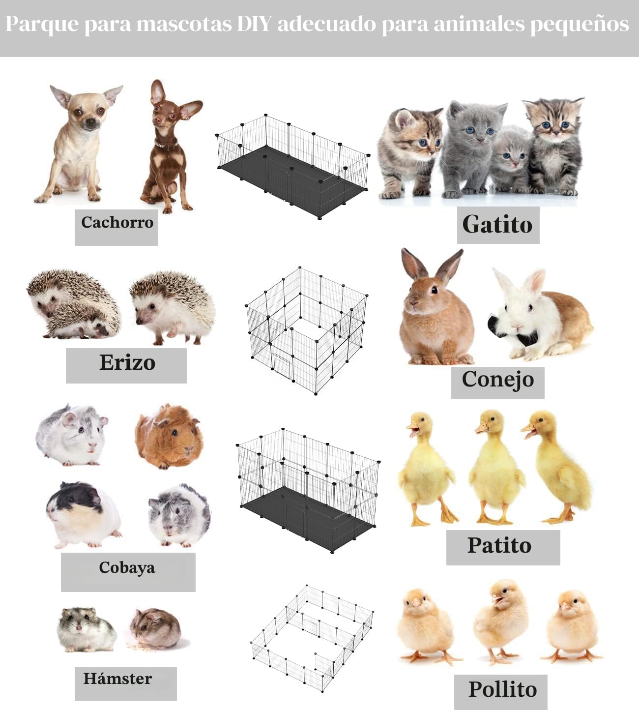 PILIN Corral para animales pequeños con puerta, valla para mascotas con alfombra impermeable, jaula para conejos, jaula para cobayas, cachorros, gatitos 30x38 12 piezas