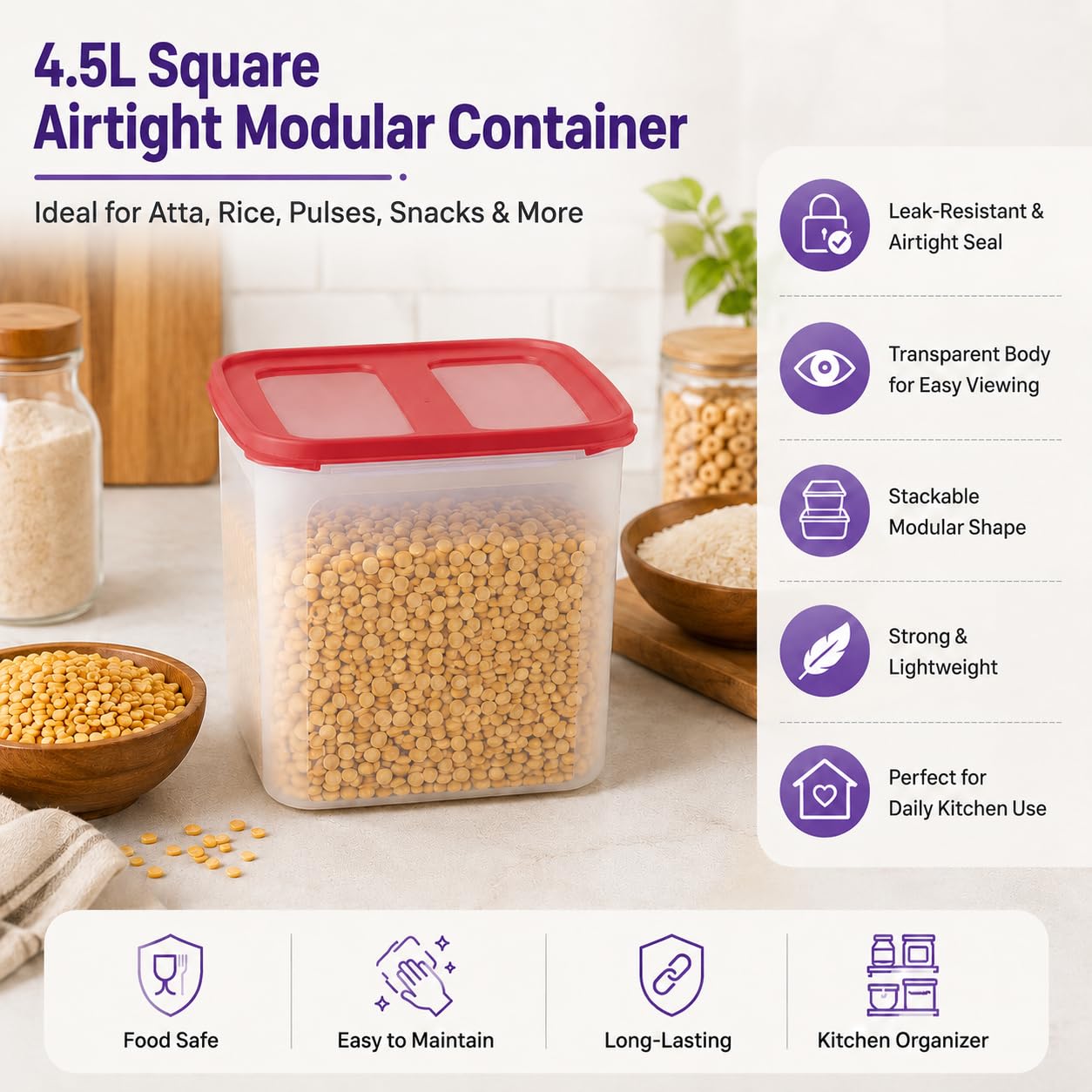 Cutting EDGE 2X Series 4.5L Airtight Modular Container, Set of 1 (Dark Red) 4