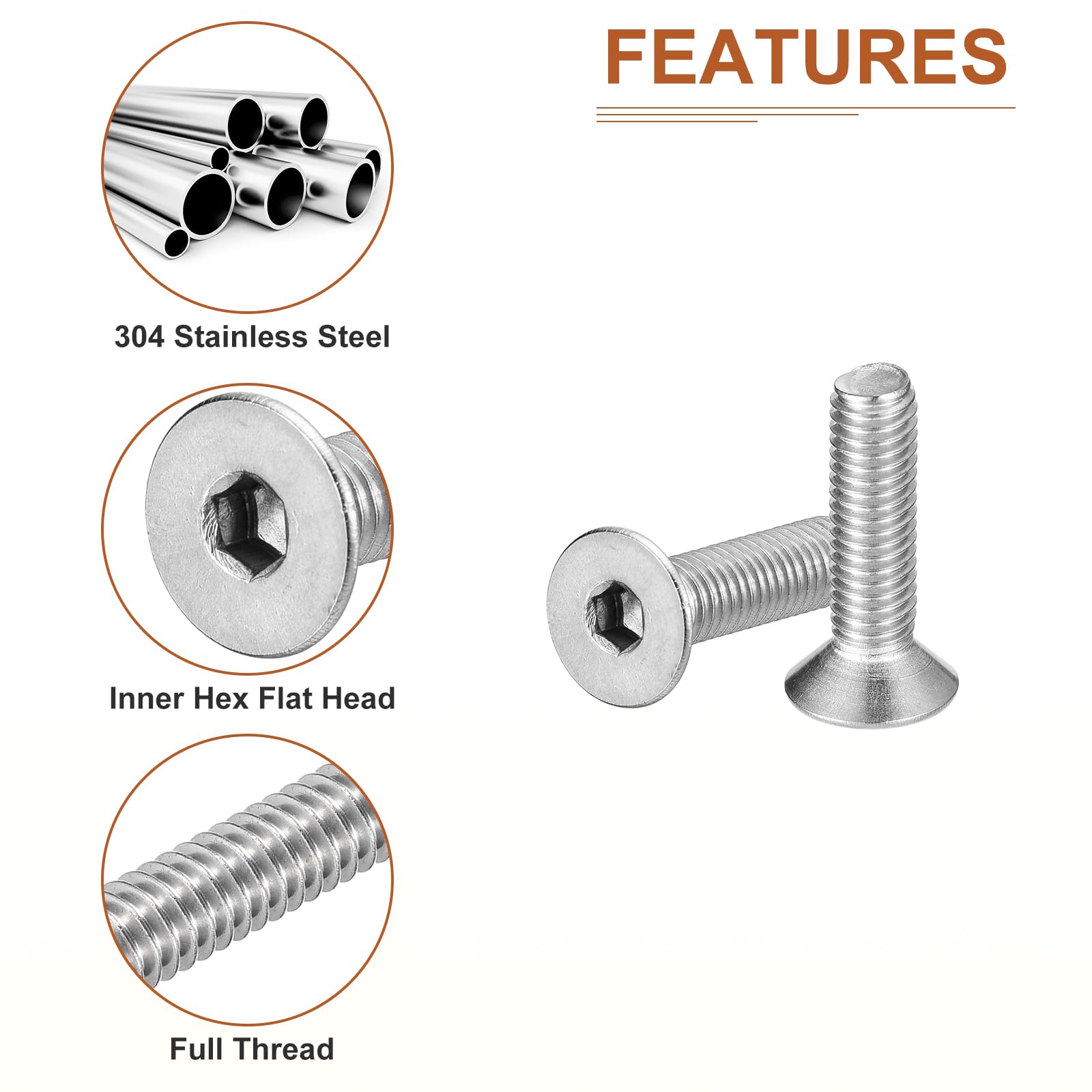 DTGN M5-0.8 x 20mm Flat Head Socket Cap Screws, 20 Pack 304 Stainless Steel Hex Socket Flat Head Screws, Full Thread, Countersunk Bolts - Image 4