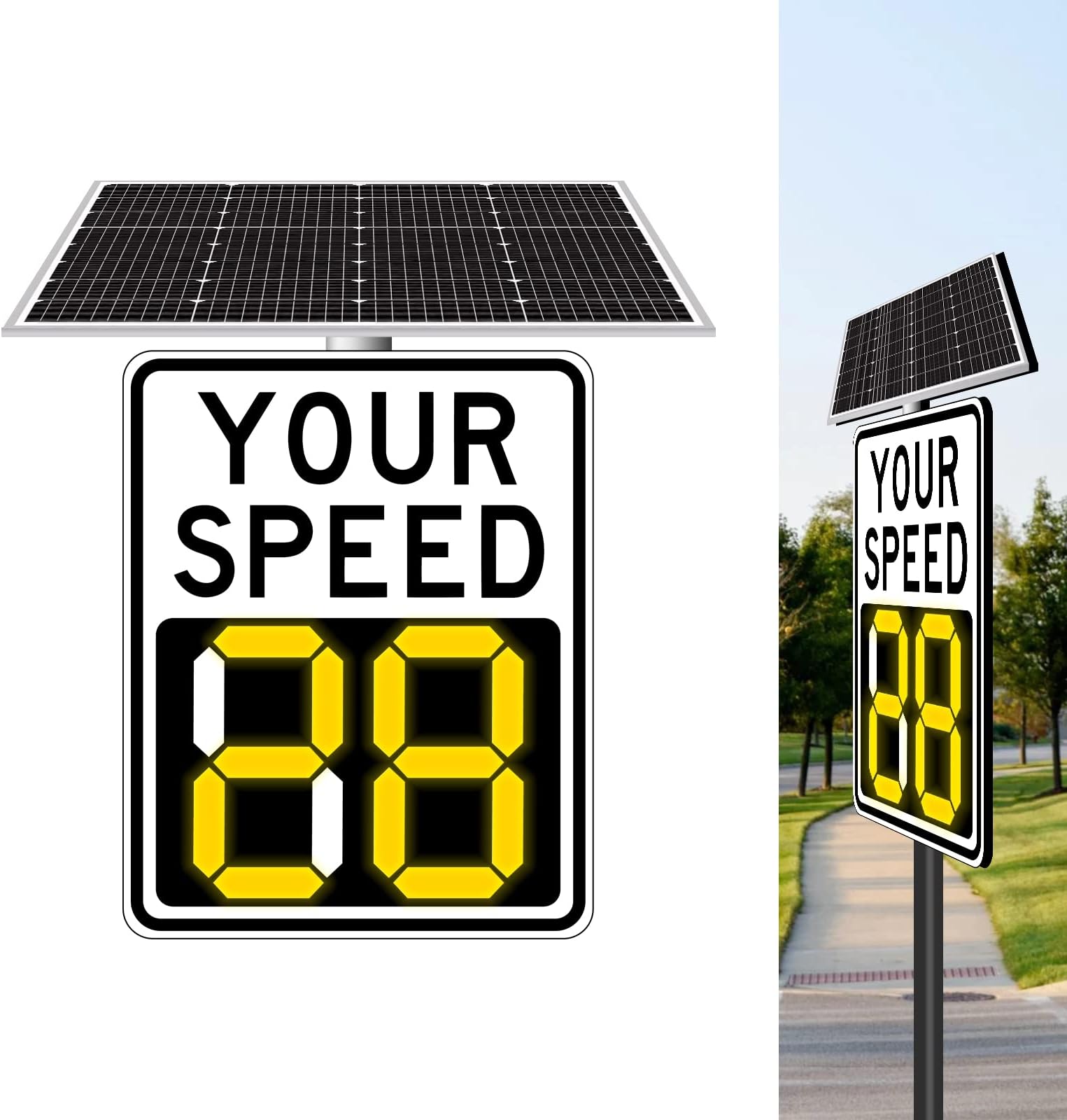 Radar Feedback Sign, Solar Powered Your Speed LED Radar Speed Display Sign, Amber LED Color, 24"" x30, White