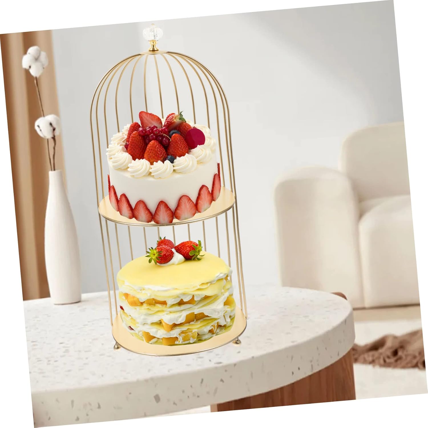 Sosoport Double Bird Cage Cake Stand Multi Function Decorative Cosmetic Holder for Dessert Display and Makeup Organization Elegant Elevated Serving Rack for Vanity and Tabletop Use
