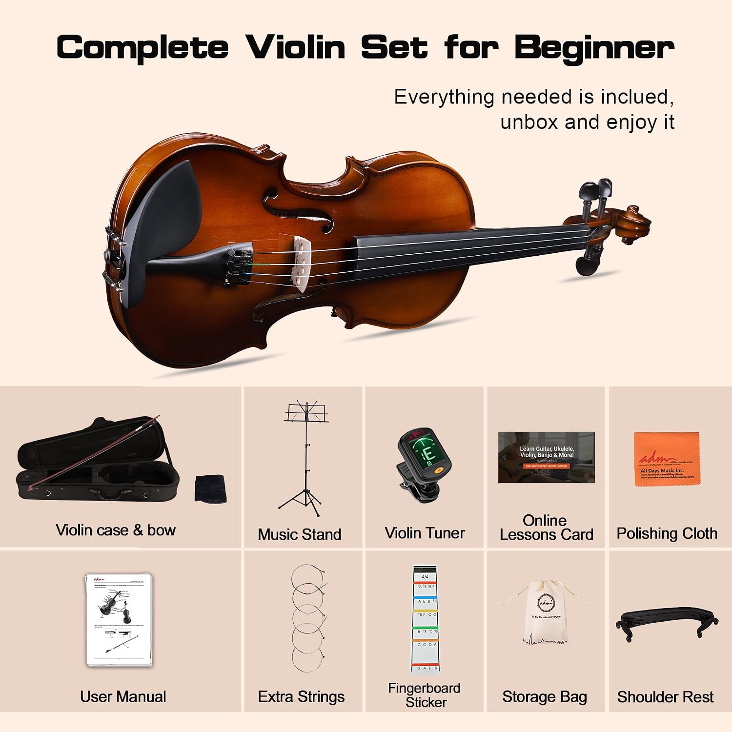 ADM Acoustic Violin for Beginner 4/4 Full Size Violin Set Solid Wood Ebony for Adult Teen Student Starter Kit with Hard Case, Shoulder Rest, Bow, Music Stand, Strings, Free Lessons (Sepia, 4/4 Size)