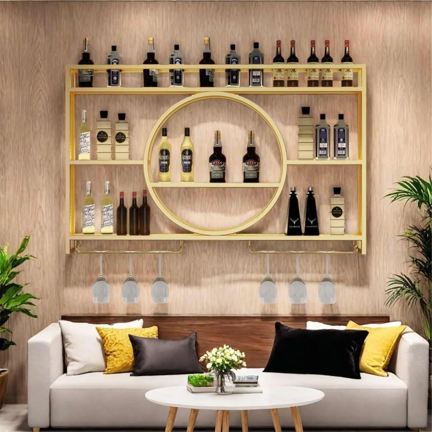 Wine Rack Wall Mounted with LED Light, 3-Tier Metal Bar Shelves for Liquor Bottles with Wine Glass Holder, Modern Large Capacity Liquor Display Shelf for Home Bar, Dining Room, Kitchen (Gold, 47.2in)