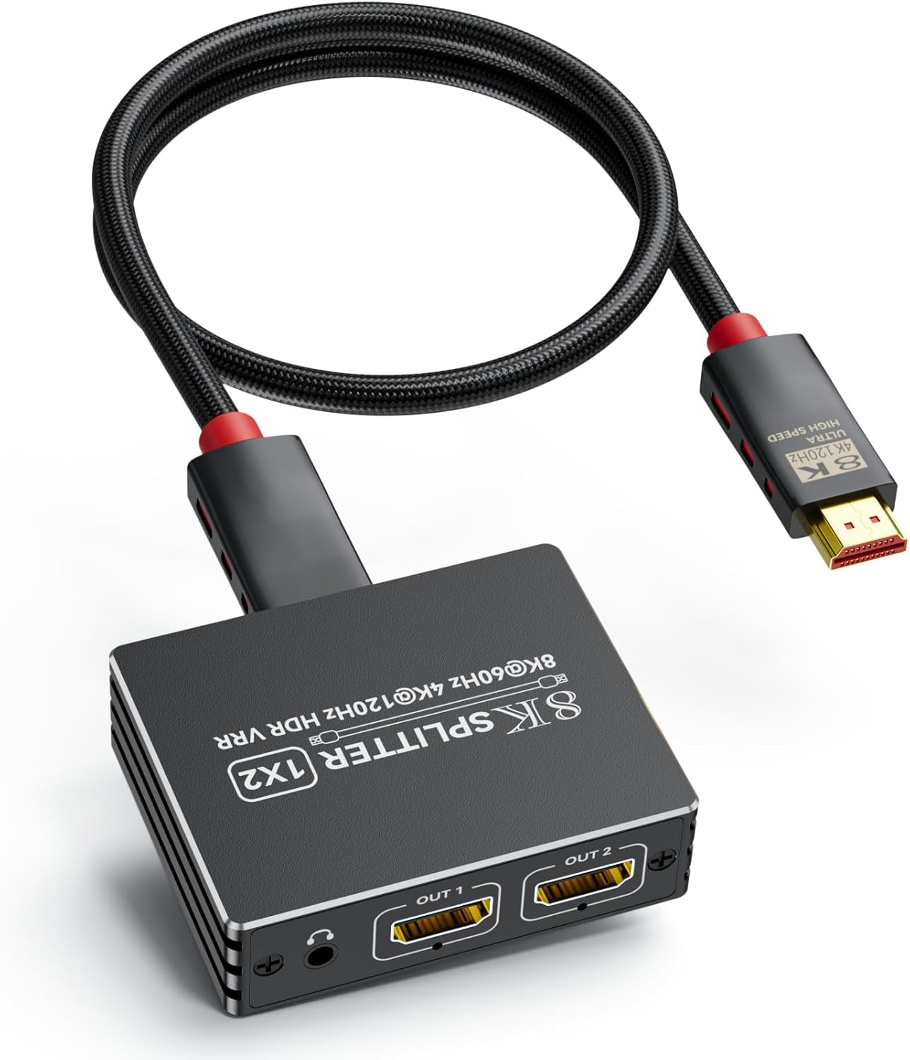 BolAAzuL HDMI 2.1 Splitter 1 in 2 Out 4K 120Hz with 8K HDMI Cable and Power Adapter, 8K 60Hz 1x2 HDMI Y Splitter with Audio Out for Dual Monitors Duplicate, Support HDCP 2.3 HDR for PS5/Xbox/PC/TV