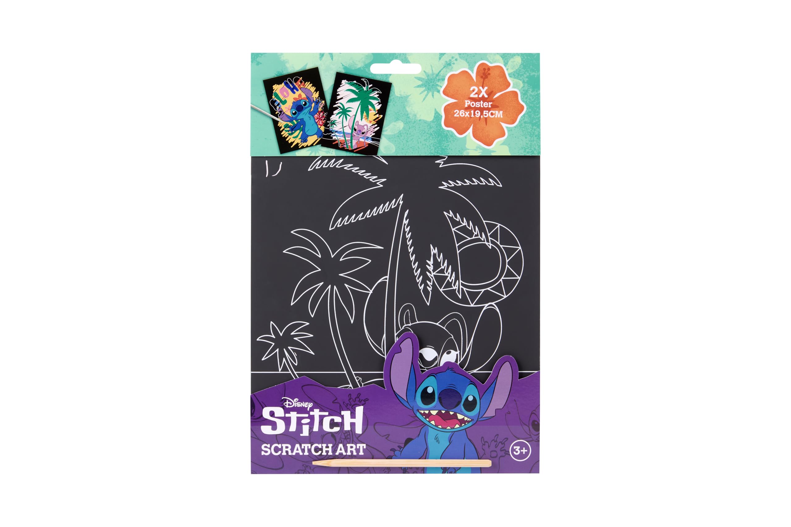 Disney Stitch zestaw obrazów do zdrapywania dla dzieci, kreatywna sztuka drapania z 2 dużymi plakatami, 26 x 19,5 cm, w zestawie drewniany pisak do drapania, efekt tęczy, zestaw do malowania od 3 lat