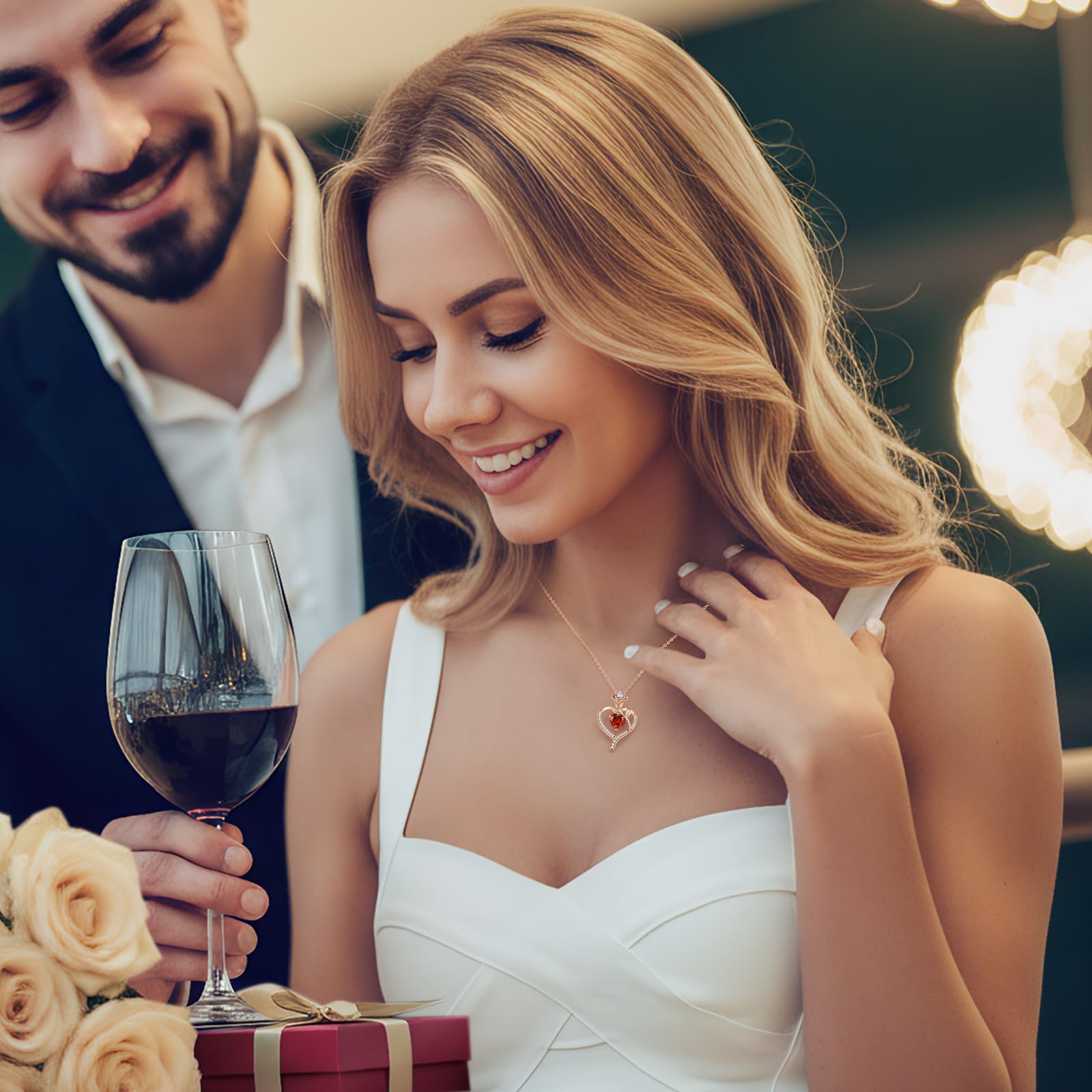 CDE Collana Donna Collana Cuore in Oro Rosa Gioielli Donna, Oro Rosa Collana Pendente Anniversario Compleanno San Valentino Regalo di Natale per donne Moglie Mamma Fidanzata | Cristalli Pietra di Nascita Regali Idee per Lei Natale Compleanno San Valentino