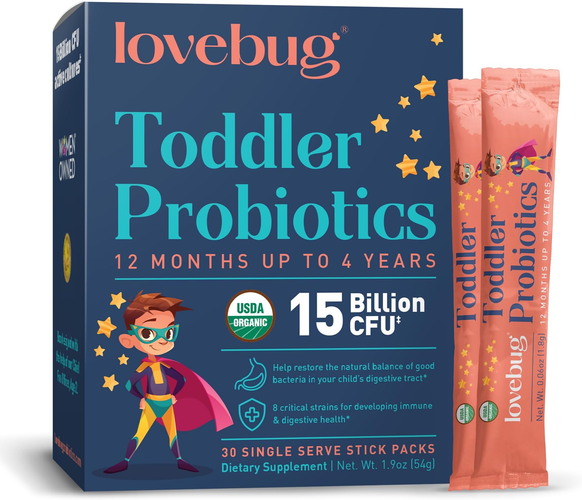 LoveBug Probiotics Award Winning | Constipation & Stomach Discomfort | Softer Bowel Movements | Easy-to-Take Powder | Ages 12 Months to 4 Years | 30 Packets
