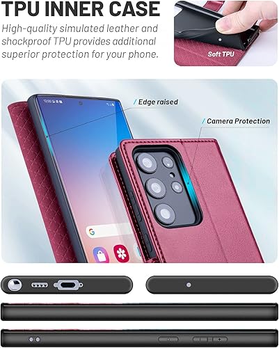 Miniatura 5 de OCASE Funda compatible con Galaxy S23 Ultra 5G, funda de piel sintética con tarjetero, bloqueo RFID y soporte carcasa interior de TPU a prueba de