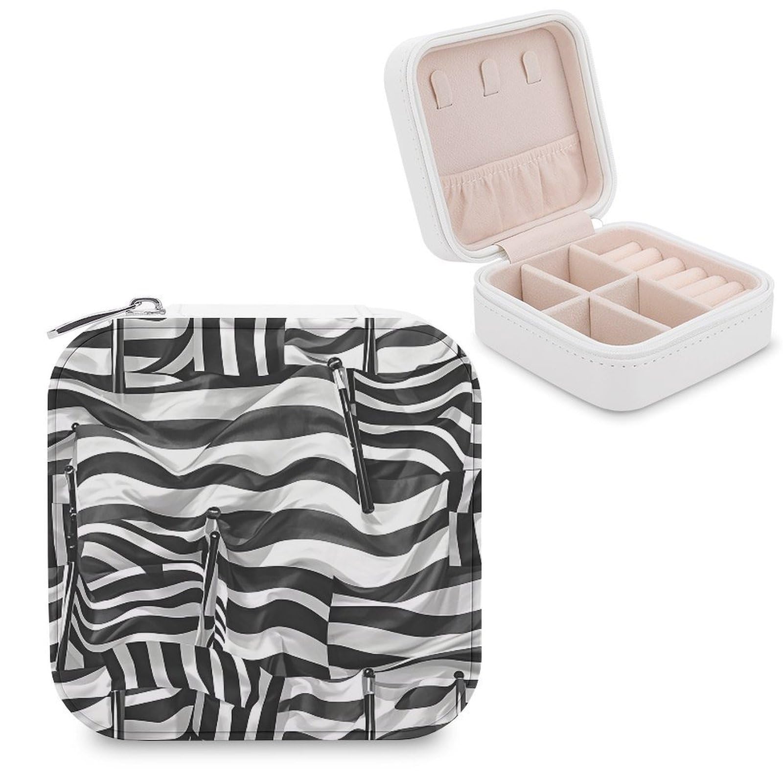 VstaDank Black White Flags Pattern Travel Jewelry Case Zipper Portable Small Jewelry Box Custom Pu Leather Mini Traveling Jewelry Organizer for Rings Earrings Necklace Bracelet Girls Women