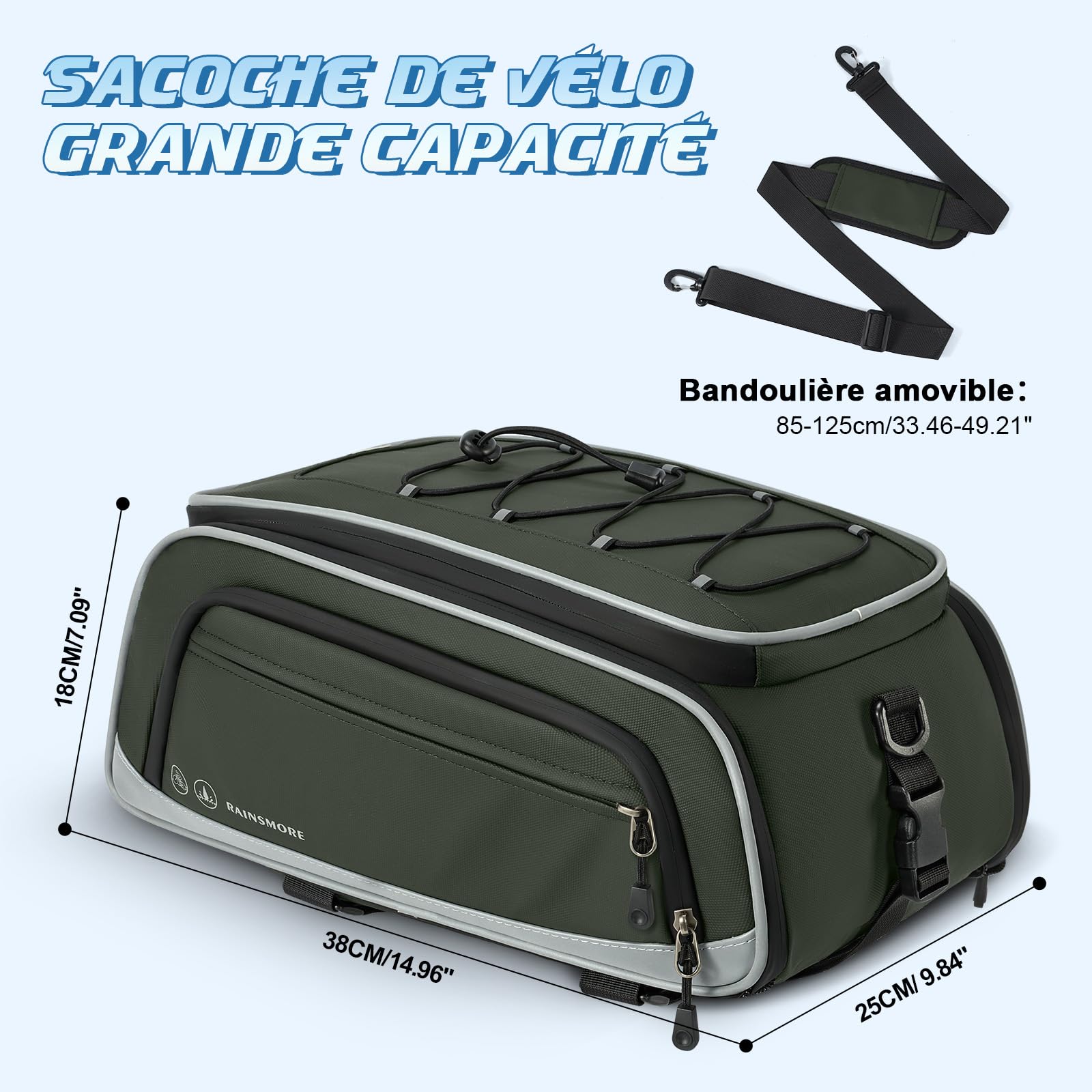 RAINSMORE Sacoche Velo Porte Bagage Arriere 15L-23L Extensible, Sacoche Arrière Vélo Étanche avec Housse de Pluie et Bandes Réfléchissantes, Idéal pour VAE, VTT, Vélotaf et Voyage Vert
