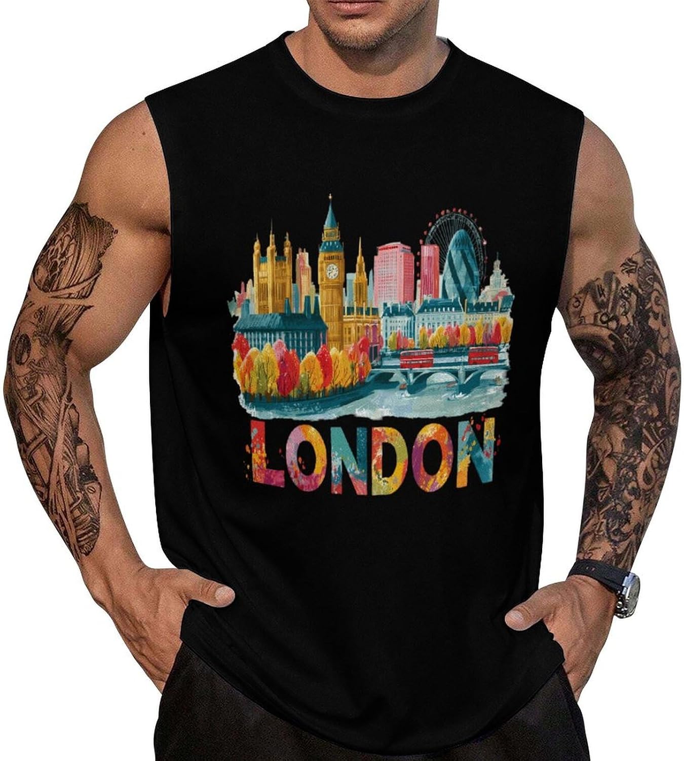 London Big Ben Double Decker Bus Men Summer Sleeveless Crew Neck Top 5XL