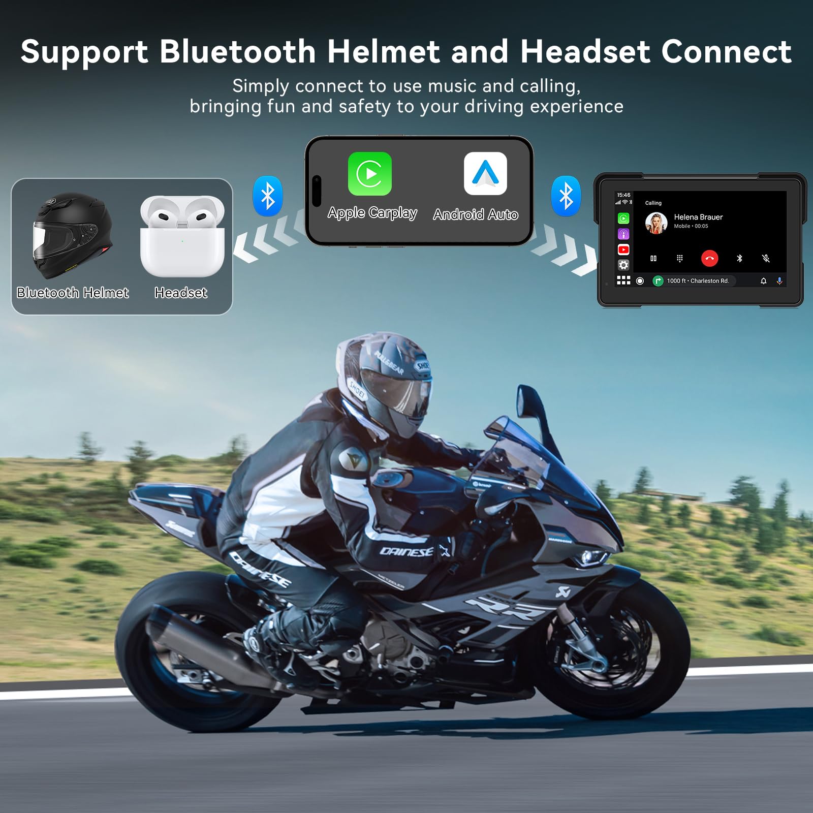 7 Pulgadas Pantalla Carplay de Motocicleta, IPX67 Impermeable, para CarPlay y Android Auto con Bluetooth Dual, Control de Voz, GPS, Detección de Presión de Neumáticos - 3