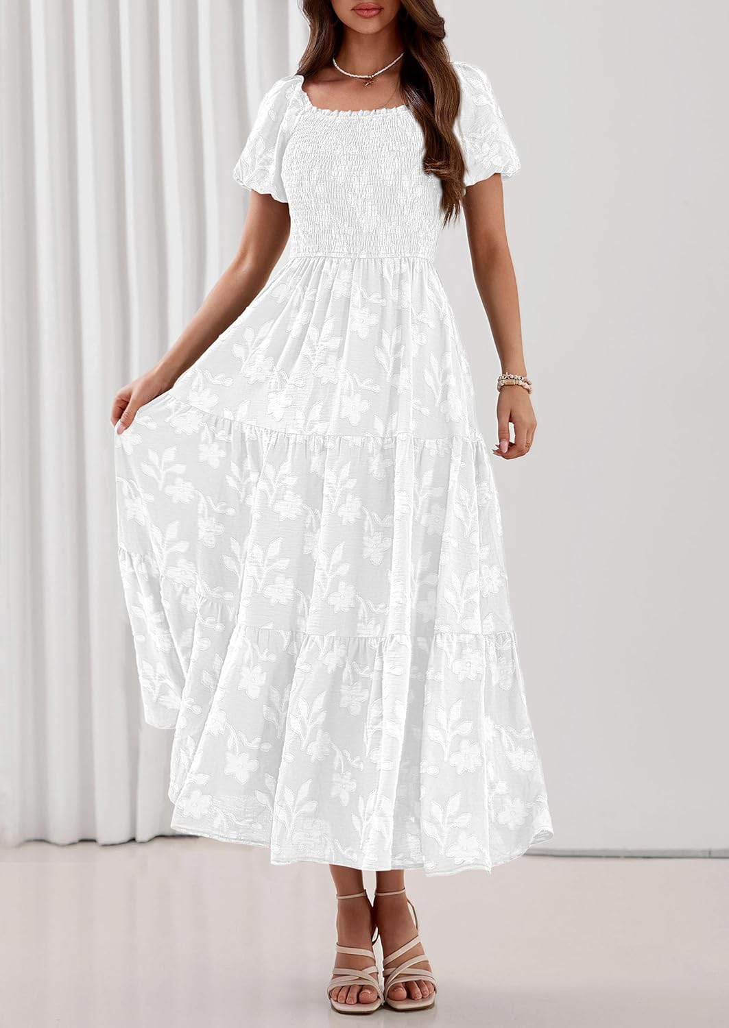 PRETTYGARDEN Women's 2026 Summer Boho Maxi Dresses Floral Short Sleeve Square Neck Smocked Flowy Long Dress Vacation Outfits - Image 3