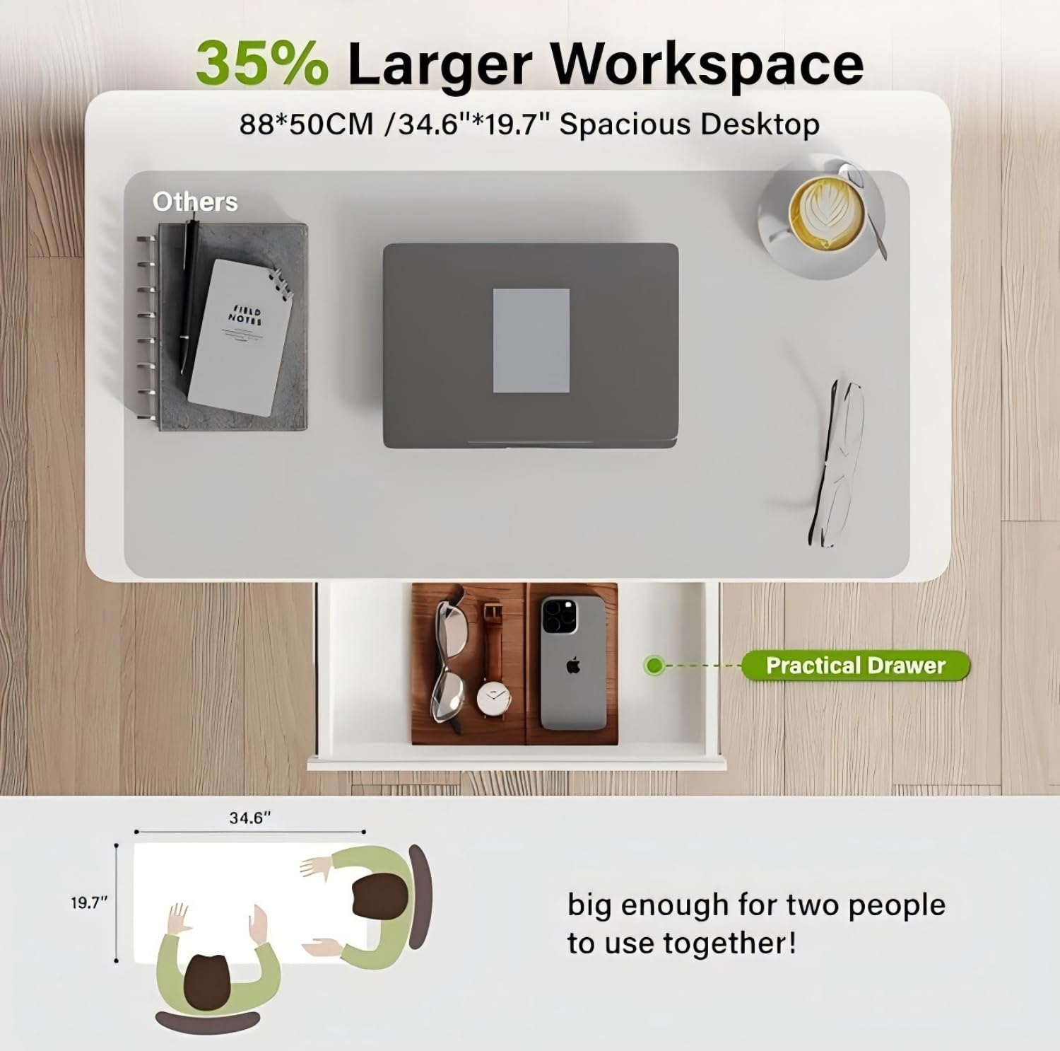 Bureau Debout réglable en Hauteur - Table de Travail Mobile avec roulettes et système pneumatique - Position Assise ou Debout - Bureau Domicile pour Ordinateur Portable - Blanc