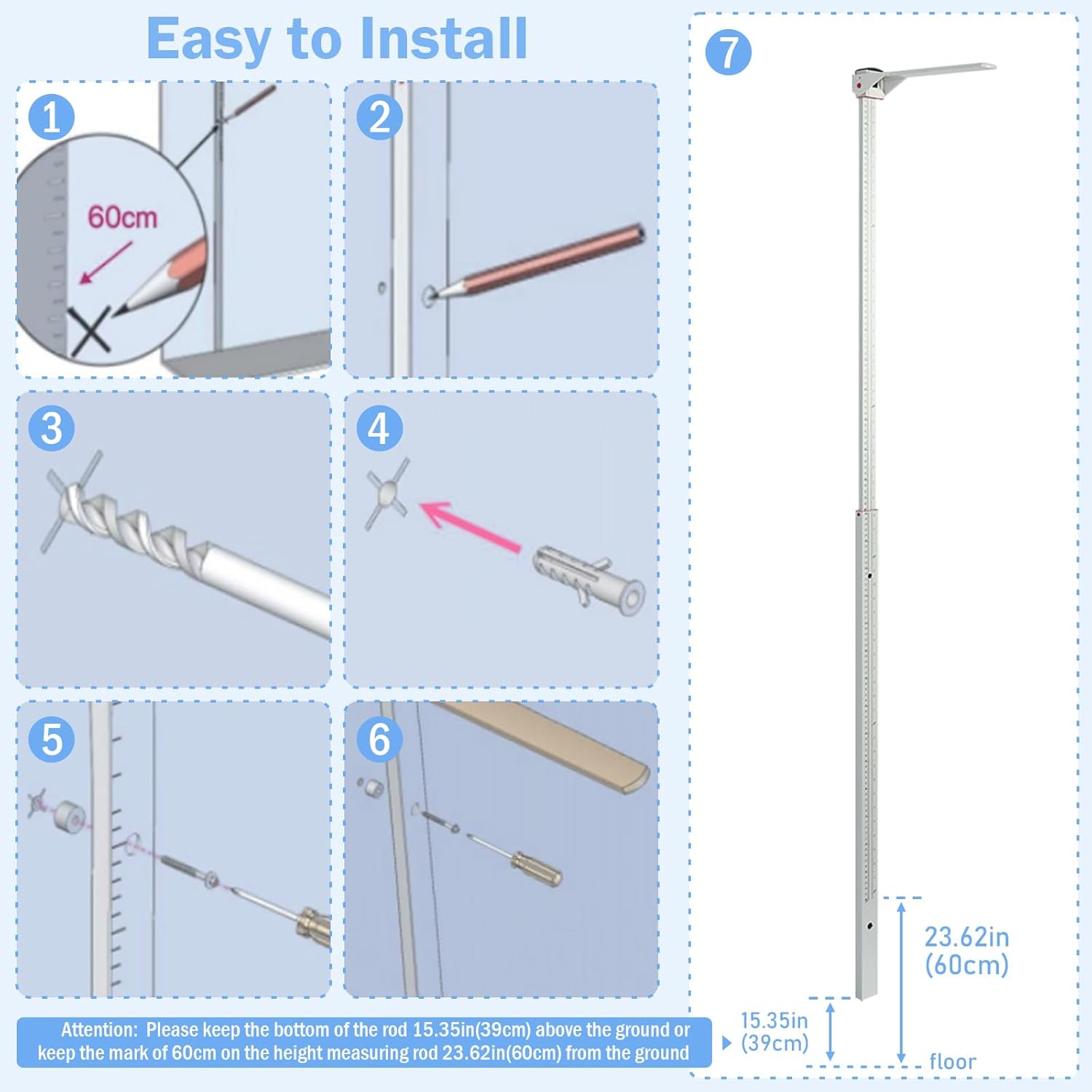 tonchean Wall Mount Telescopic Height Measuring Rod Professional Aluminum Stadiometer Accurate Scale Height Measuring Tool for Kids & Adults, 23.6-78.7 inch/60-200 cm, Unit with inch & cm