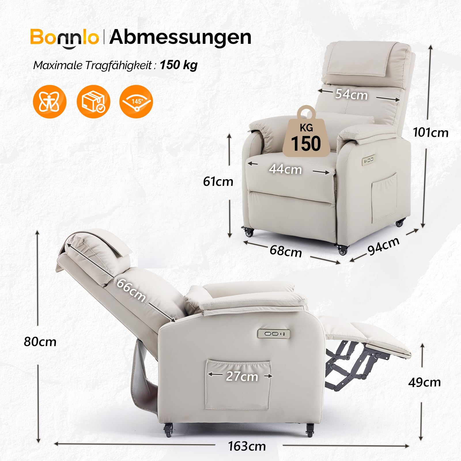 Bonnlo Poltrona per relax, poltrona per televisione, poltrona massaggiante elettrica con funzione reclinabile, poltrona TV, massaggio a 2 punti e funzione di calore, porte USB-C e USB-A, 1 tasca