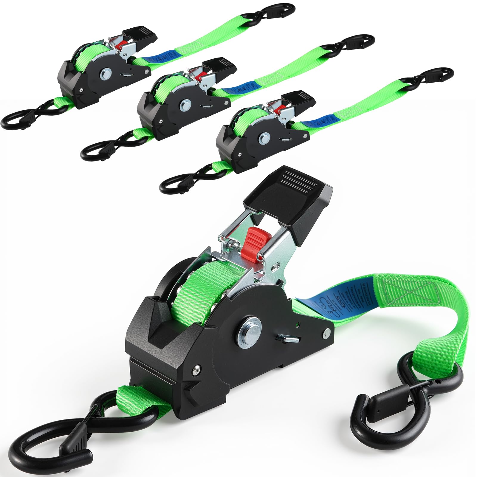 TLGREEN Automatik Spanngurt 4 Stück, 3 m x 25mm, Selbstaufrollende Spanngurte mit S Haken, 748kg Bruchfestigkeit, Zurrgurt für LKW, Anhänger, Motorrad, Fahrrad & Mehr, Ratschengurt, Grün | Selbstaufrollende Spanngurte, Ratschengurt mit S Haken, Zurrgurt f