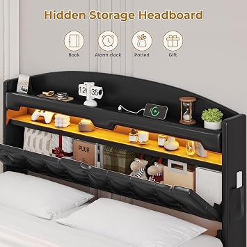 BTHFST Floating Bed Frame Full Size with Hidden Storage Headboard, PU Black