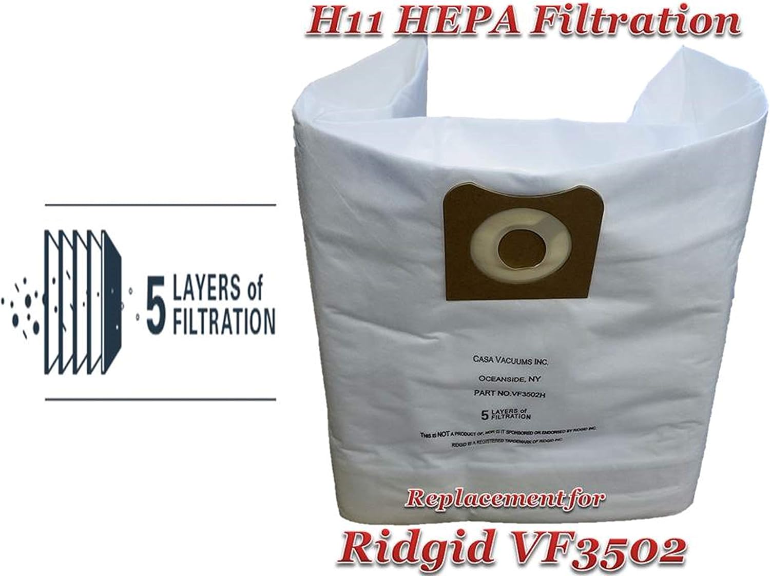 Casa Vacuums HEPA 3-Pack RIDGID compatible 12-16 Gallon VF3502 Wet Dry Vac High-Efficiency Dust Bags, Wet Dry Vacuum Filter Bags.