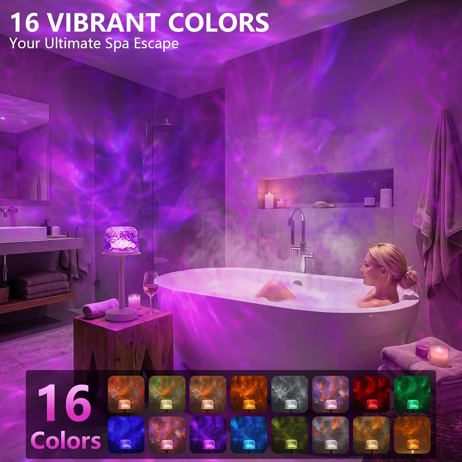 16 Colors Shower Lamp Waterproof, 12.6in Cordless Rechargeable Ocean Wave Lamp, Spa-Like Shower Light with Projector & Remote Control for Inside Shower/Bathtub