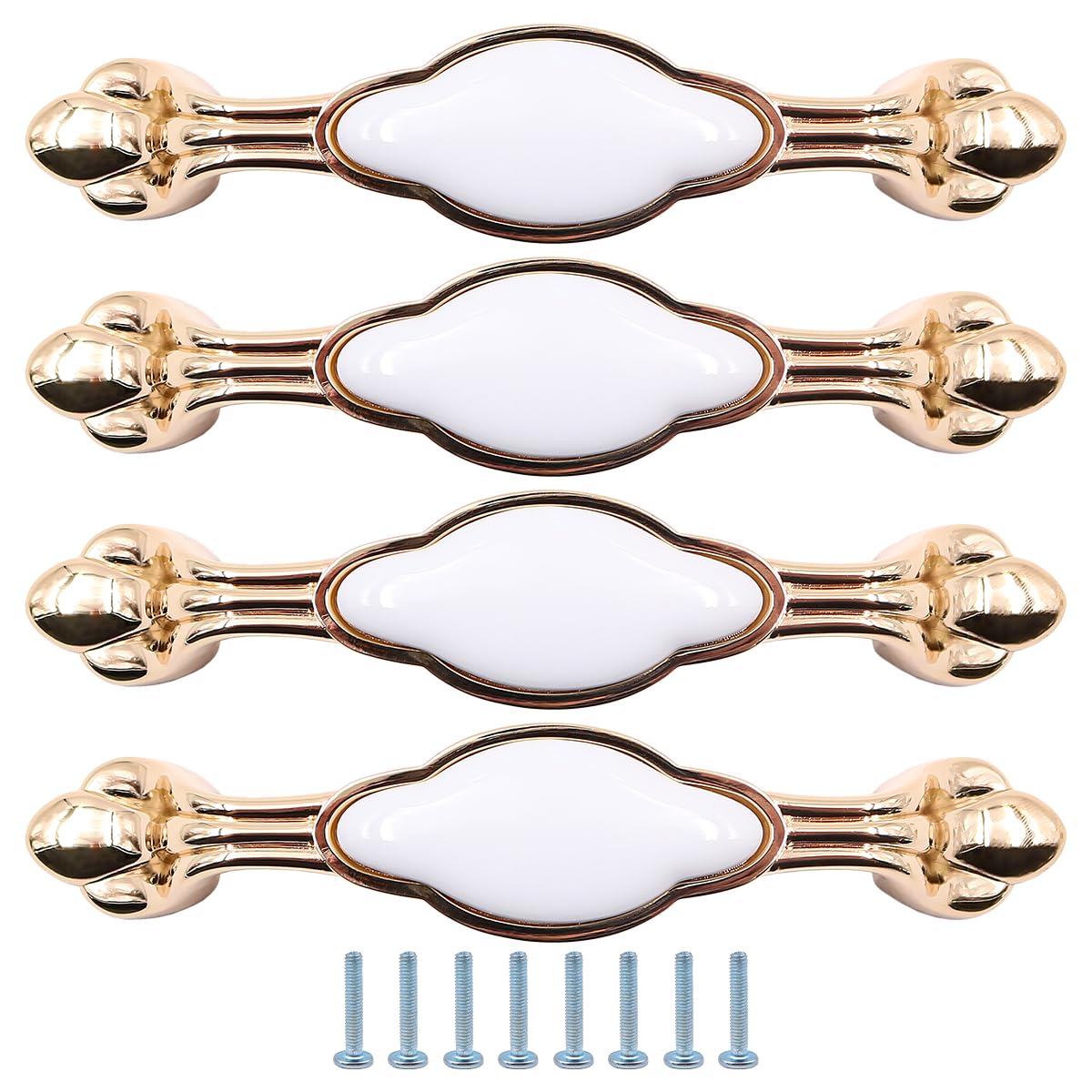 ZONADAH Set of 4 Cabinet Handles, Hole Distance 96mm, Total 137mm, White Ceramics & Gold Plated Cabinet Pull Handles