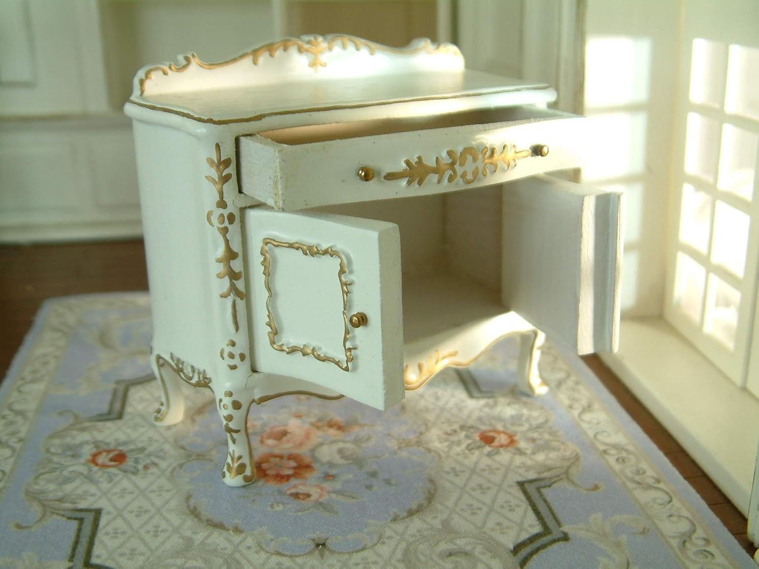 ARTLEER 1/12 Scale Miniature Victorian Royal Gold White Luxury Wood Side Cabinet Elegant