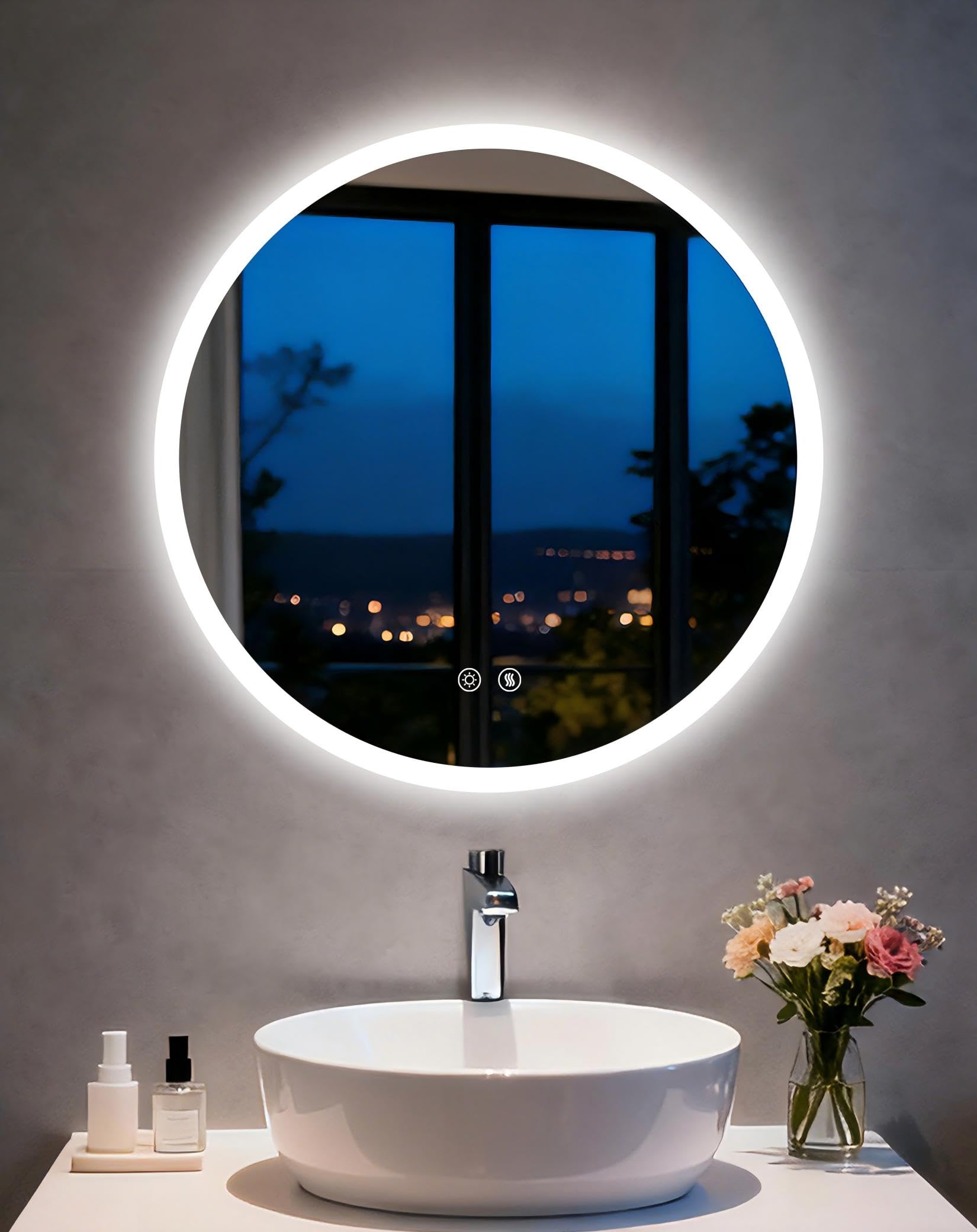LUVODI Espejo LED redondo de baño con iluminación regulable y diseño exclusivo