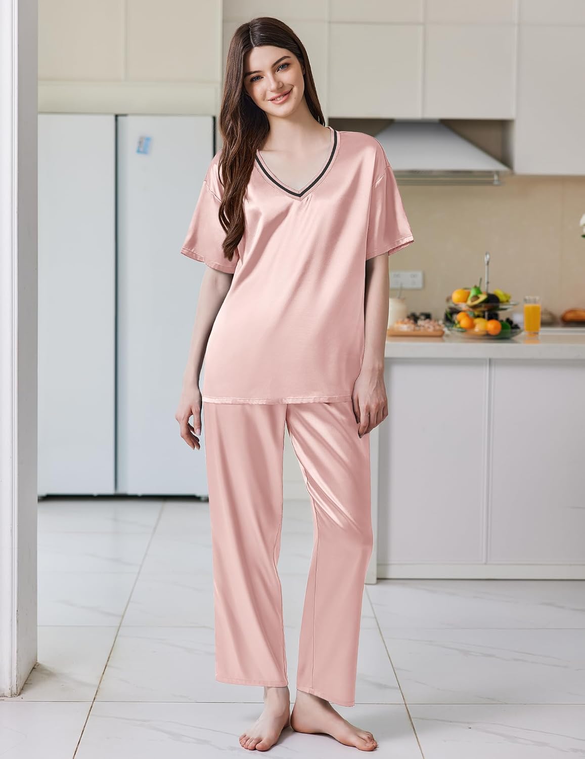 Ekouaer Satin Pajama Set for Women Short Sleeve Silky Pjs 2 Piece Lounge Sets Soft Comfy Sleepwear Loungewear S-XXL - Image 3