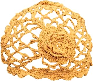 BIBITIME Hollow Knitted Headgear Lace Crochet Flower Women Beanie Hat Handmade (Medium 20.5 inches - 23.6 inches, Yellow)