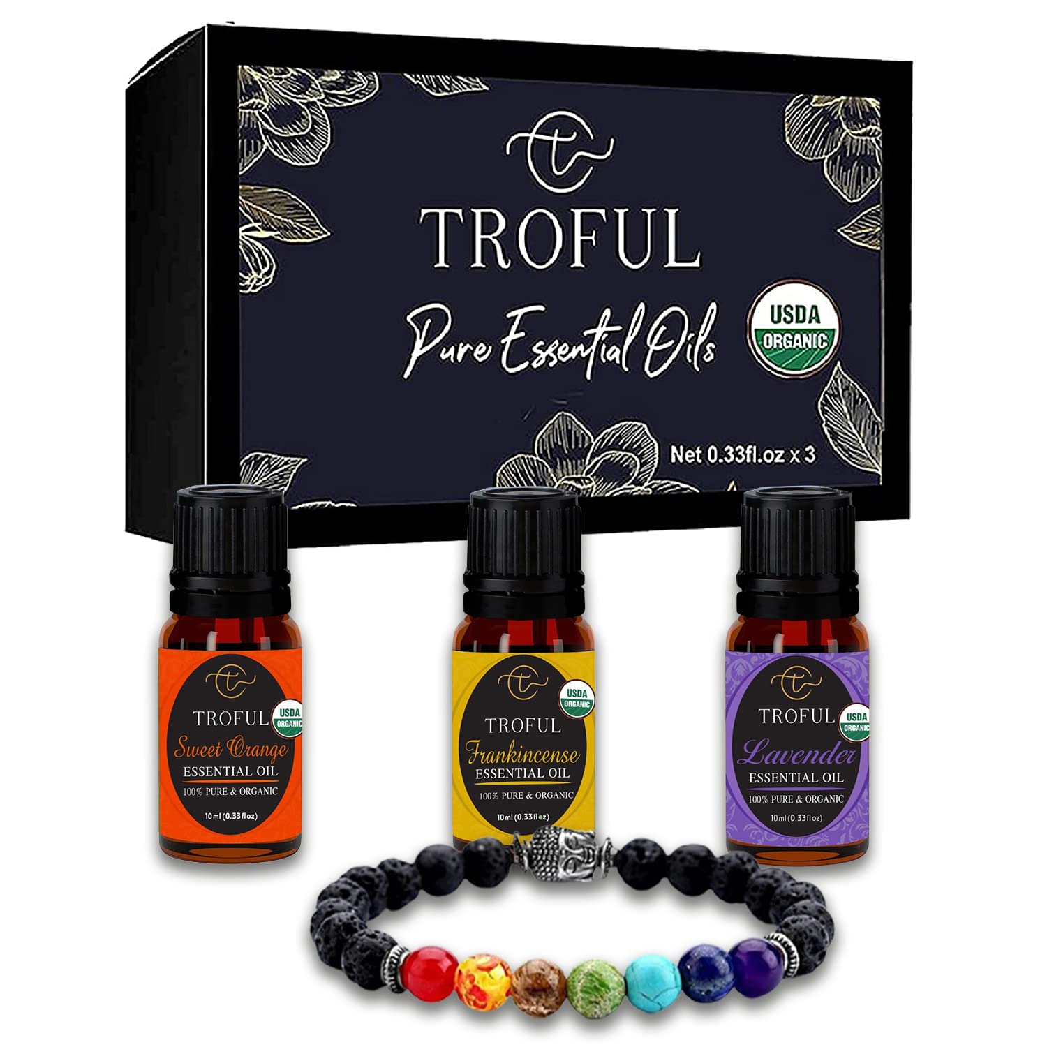 Troful Organic Essential Oils Set Plus Chakra Bracelet - Top 3 Pure Natural Therapeutic Grade Lavender, Frankincense, Sweet Orange Oil For Aromatherapy, Diffuser, Skin And Hair Care, 10 ml Each