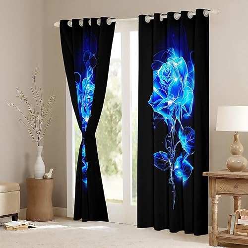 Miniatura 3 de Cortinas de ventana de rosas azules para decoración de habitación, cortinas florales de rosas para niños y niñas, cortinas de ventana con flores con