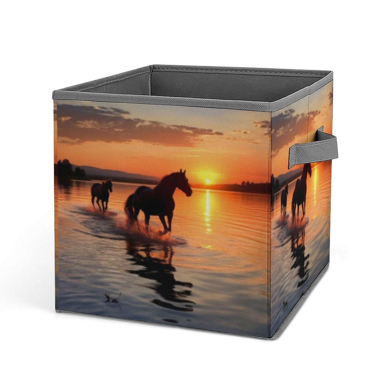 BTCOWZRV Sunsets Lake Horses Cube Storage Bins - 11 Inch Heavy Duty Fabric Closet Bins for Shelves, Cube Organizer - Collapsible Storage Boxes with Handle Decorative Clothing Storage Baskets