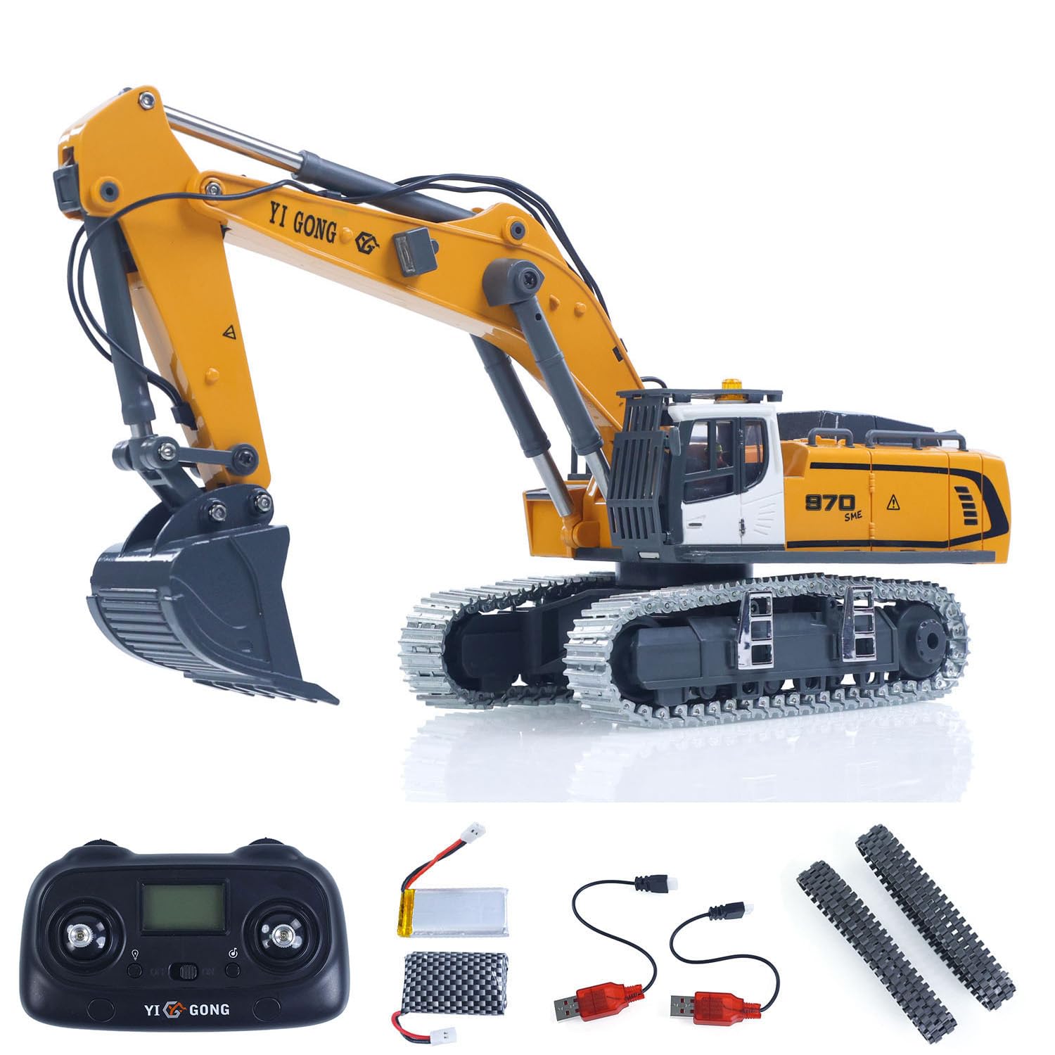 Excavadora RC 1/50 K970 - Vehículo de Ingeniería con Control Remoto, Elevación Eléctrica, Cubo de Metal, Cadenas, Luces y Sonidos, Listo para Usar (RTR) con Batería