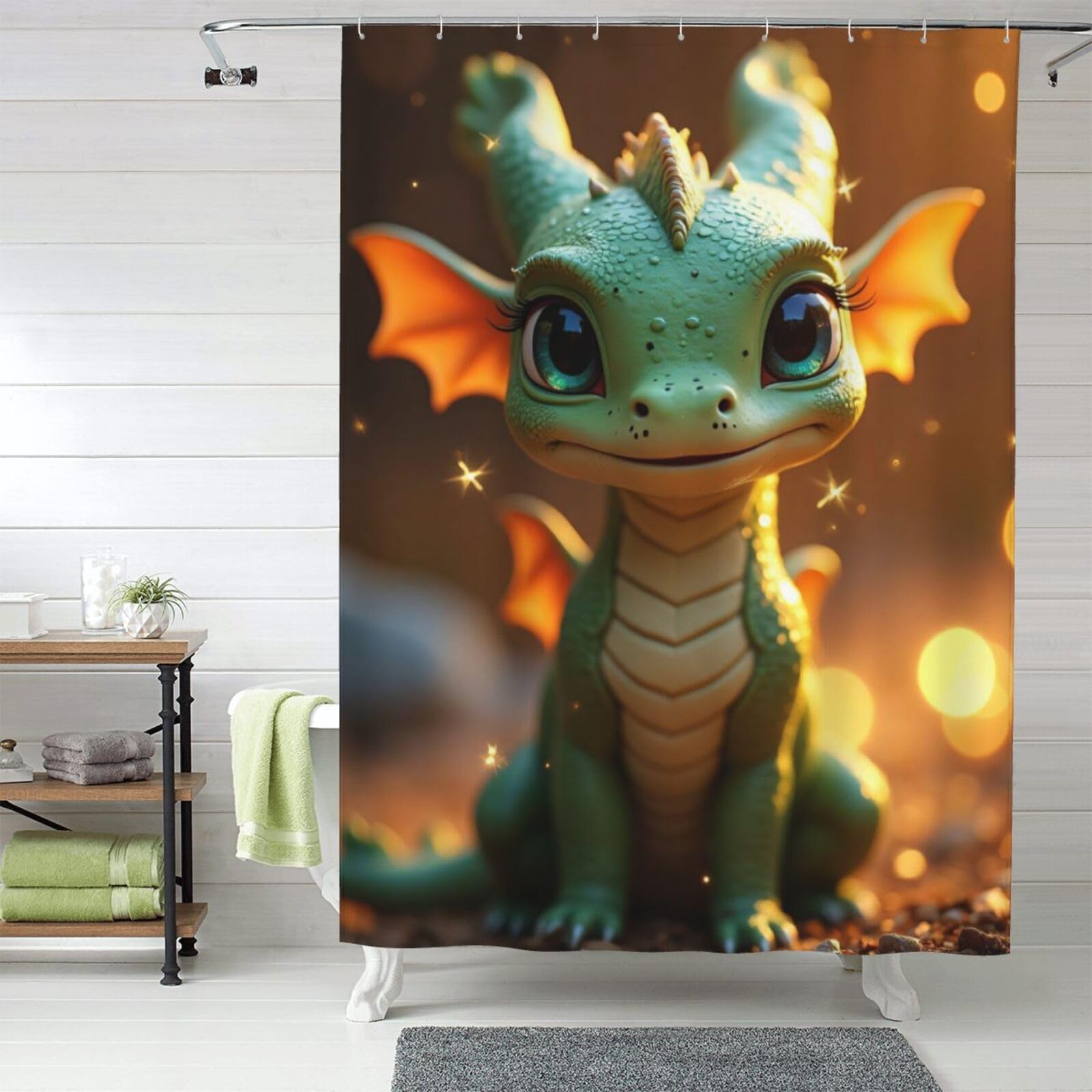 Rideau de douche dragon vert n° 77 lavable pour une décoration de salle de bain zen